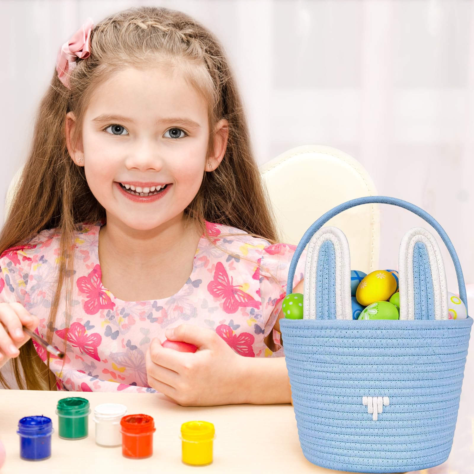 Poschnor Oster-Geschenkkorb leer mit Geschenktüten und Bändern, Osterhasenkorb, kleine gewebte Seilkörbe zum Organisieren, Korb zum Verschenken, Aufbewahrungskorb, Blau