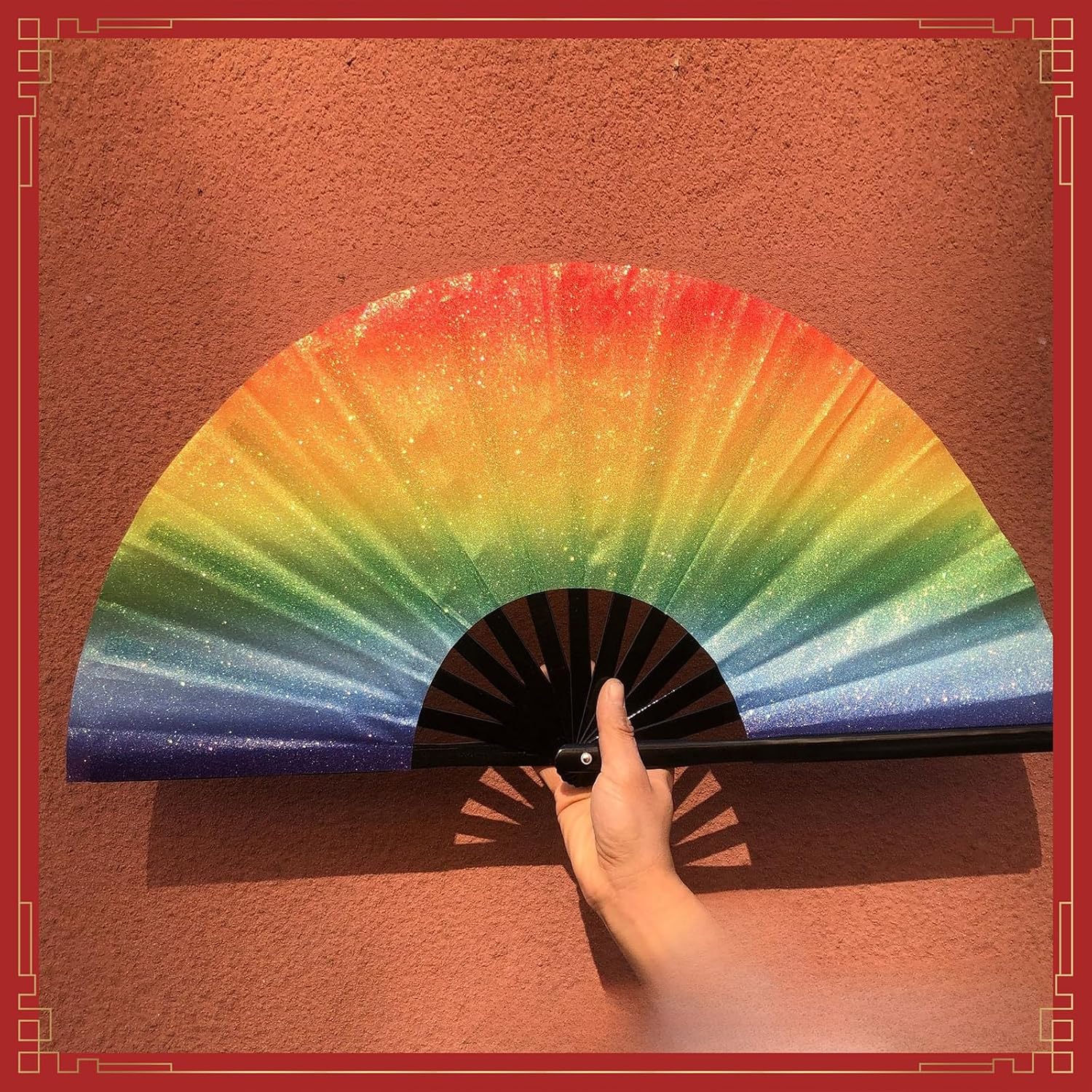13 inch Large Folding Hand Fan - 2025 New Large Boots on The Ground Hand Fan for Dance, Performances, Gift, Parties | Retro Laser Colors & Chinese Style Craft (Dark Blue)