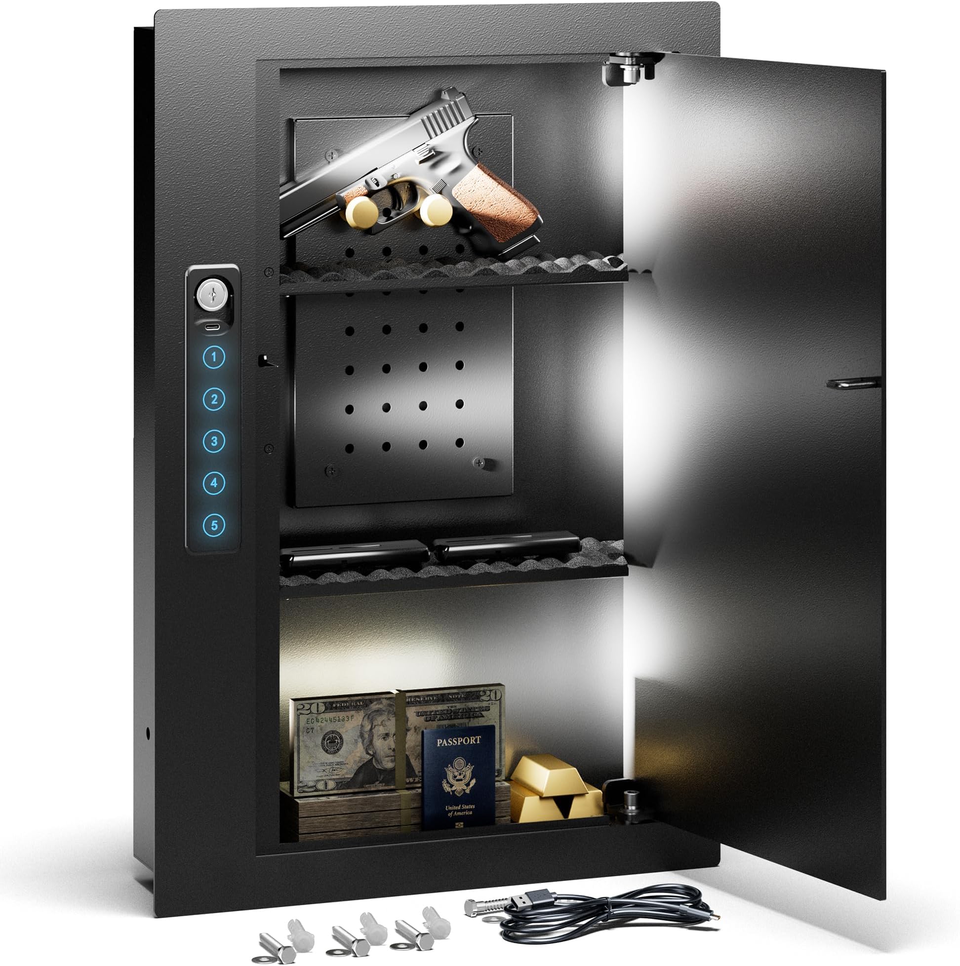 Grimtron 22" Tall Hidden Wall Safe Between the Studs, Digital In Wall Safe with Removable Shelf & Pegboard for Handgun, Clips, Jewelry, Passports Secure (Black)