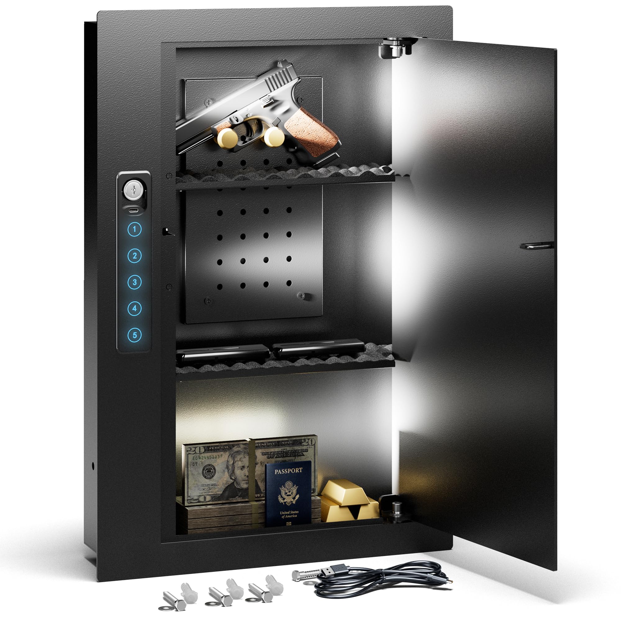 Quick Access Wall Gun Safe with Removable Pegboard & Shelfs, Flat Hidden Wall Safes Between The Studs 16" Centers, Black Wall Mount Safe for Handgun, Clips, Valuables