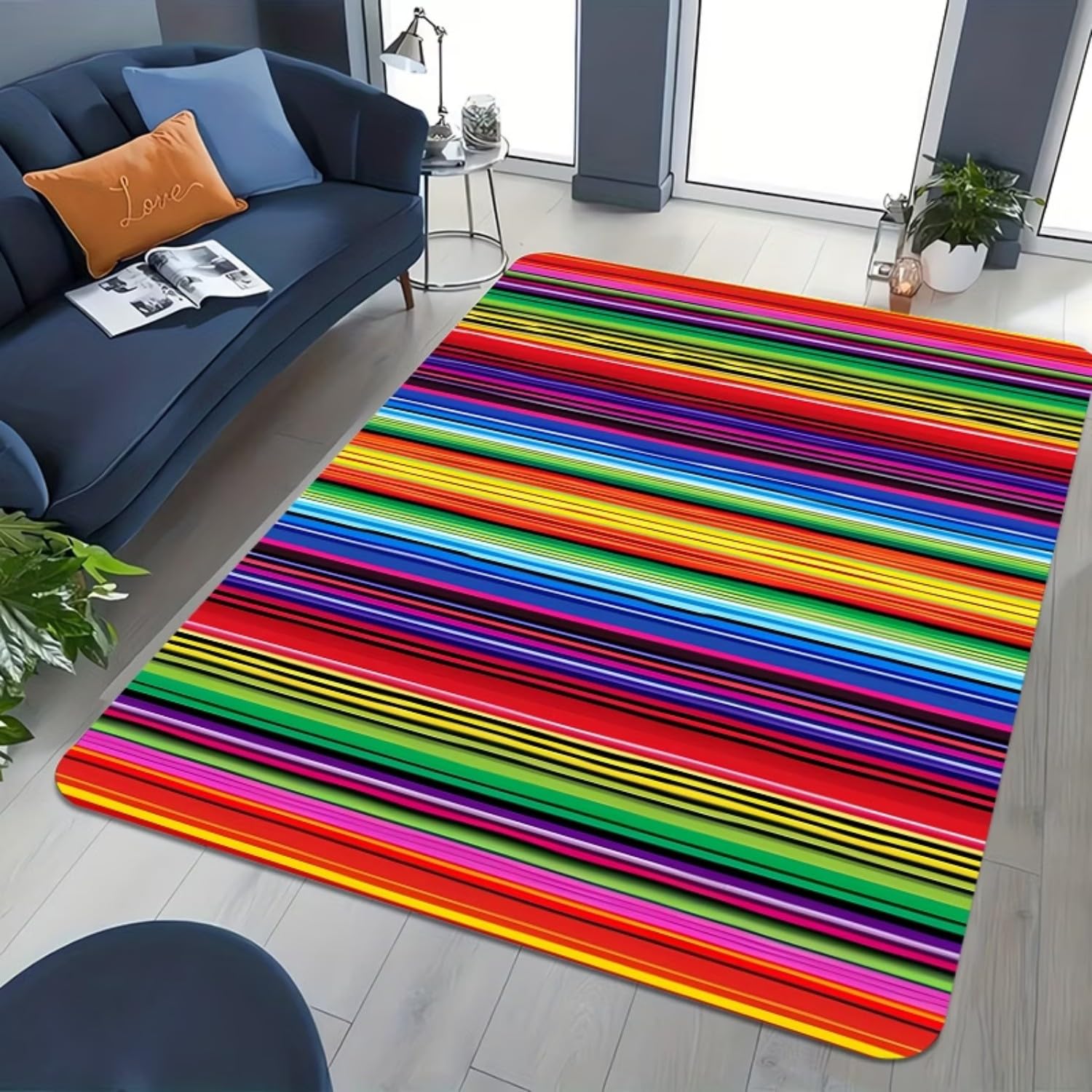 Colourful Rainbow Stripe Area Rugs, 60x110cm Modern Abstract Geometric Multi-Colour Narrow Striped Carpet, Fiesta Room Decor Large Rug Washable, Fade Resistant, Low-Pile Rugs for Lounge Office — image 1