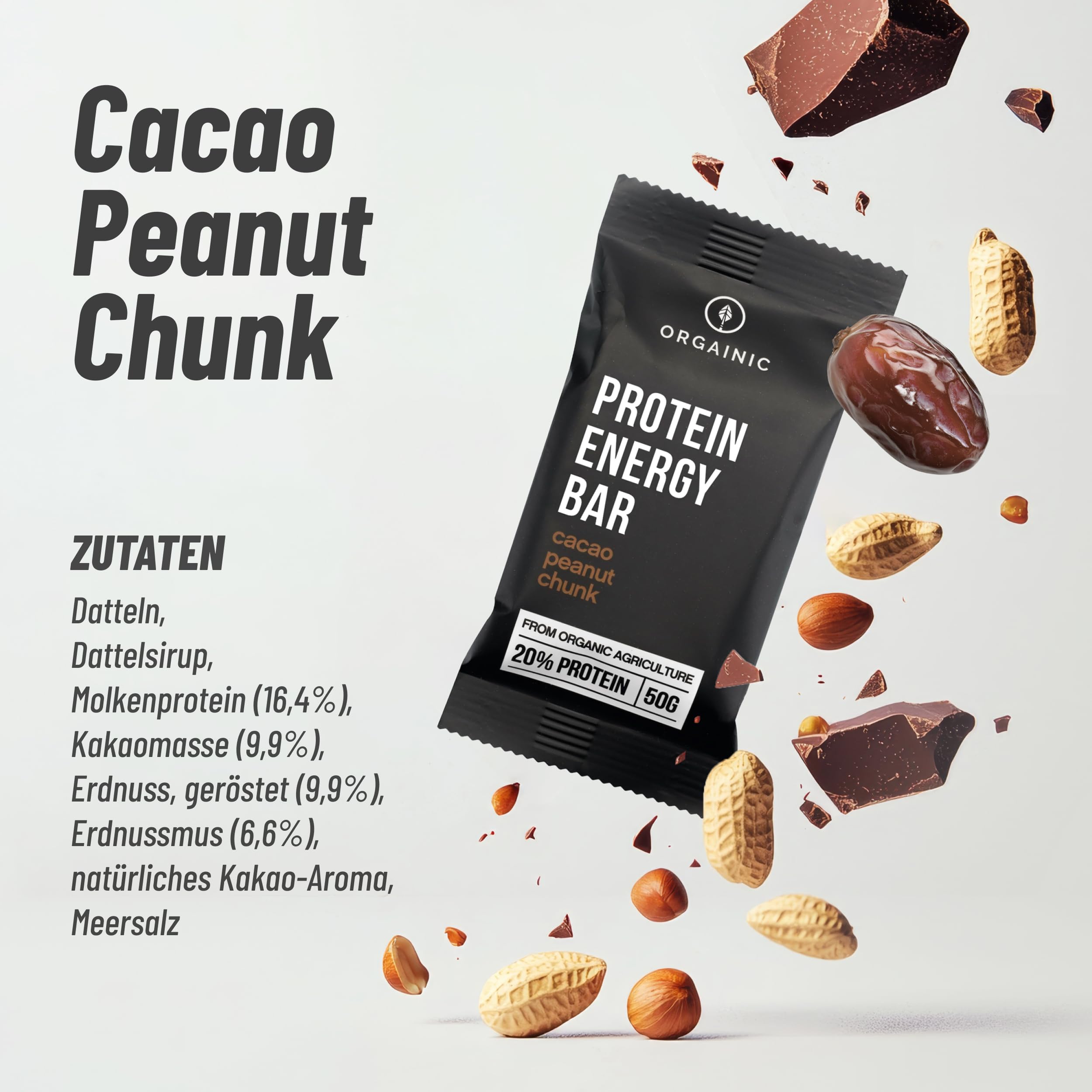 ORGAINIC Bio Protein Riegel Kakao Peanut 12 x 50g - Bio zertifiziert ohne Zusatzstoffe - Premium Proteinriegel mit 6 Zutaten & viel Protein - High Protein Power Bar ohne Süßungsmittel - Eiweißriegel