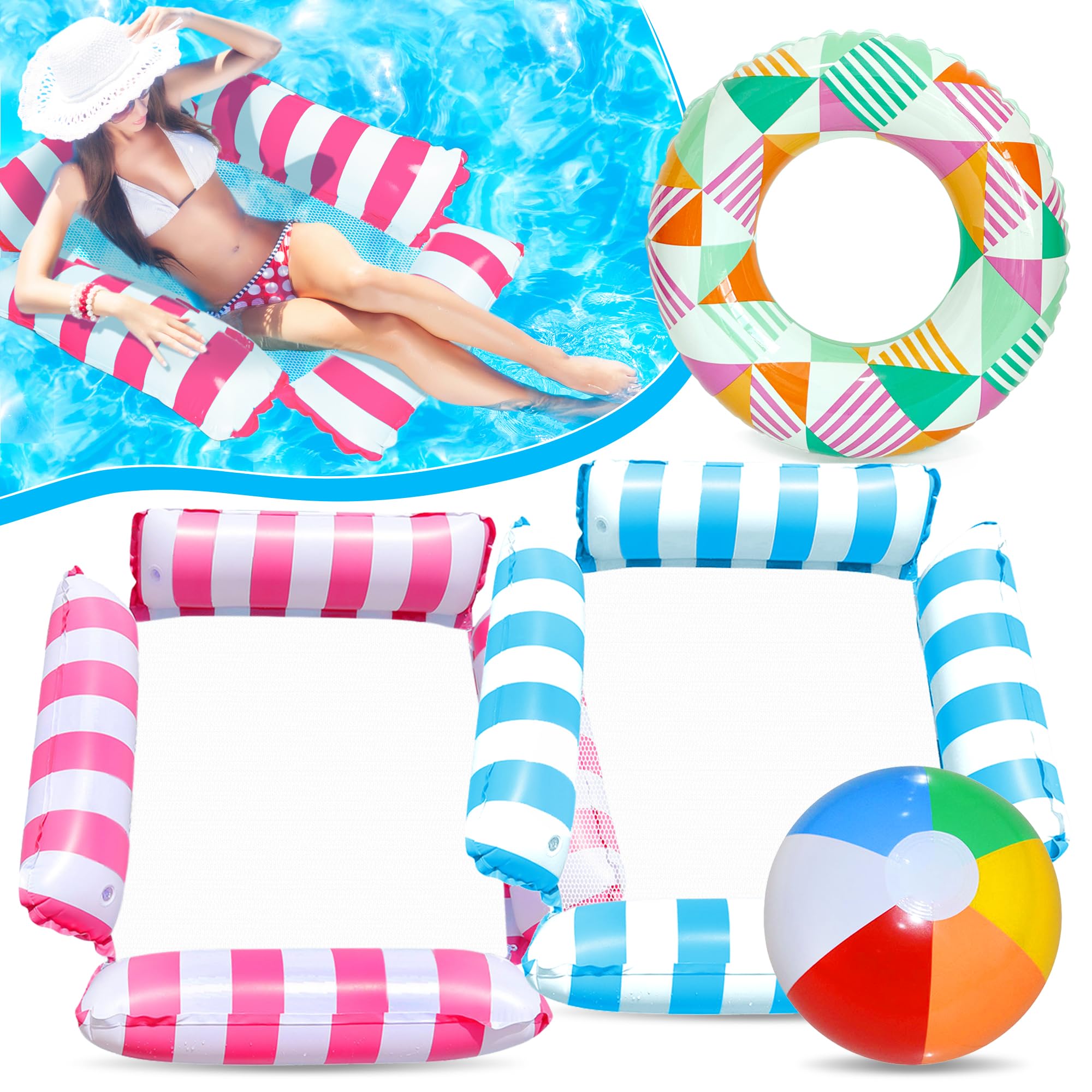 Chennyfun 4 Pcs Aros de Natación, Hamaca Flotante Inflable, 4 en 1 Inflable Flotante Colchoneta, Cama Flotante de Agua, Pelotas Hinchables,para Adultos y Niños Verano
