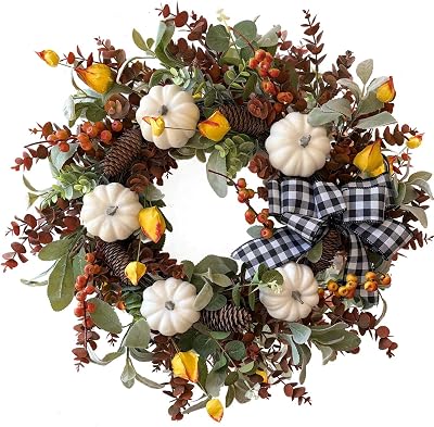 WANNA-CUL 24 Inch Farmhouse Fall Wreath for Front Door with White Pumpkins