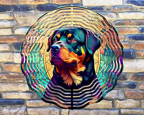 Rottweiler de 10 pulgadas con aspecto de vitral, hilandero de viento, decoración de patio, arte sublimado de aluminio, para jardín, interior y