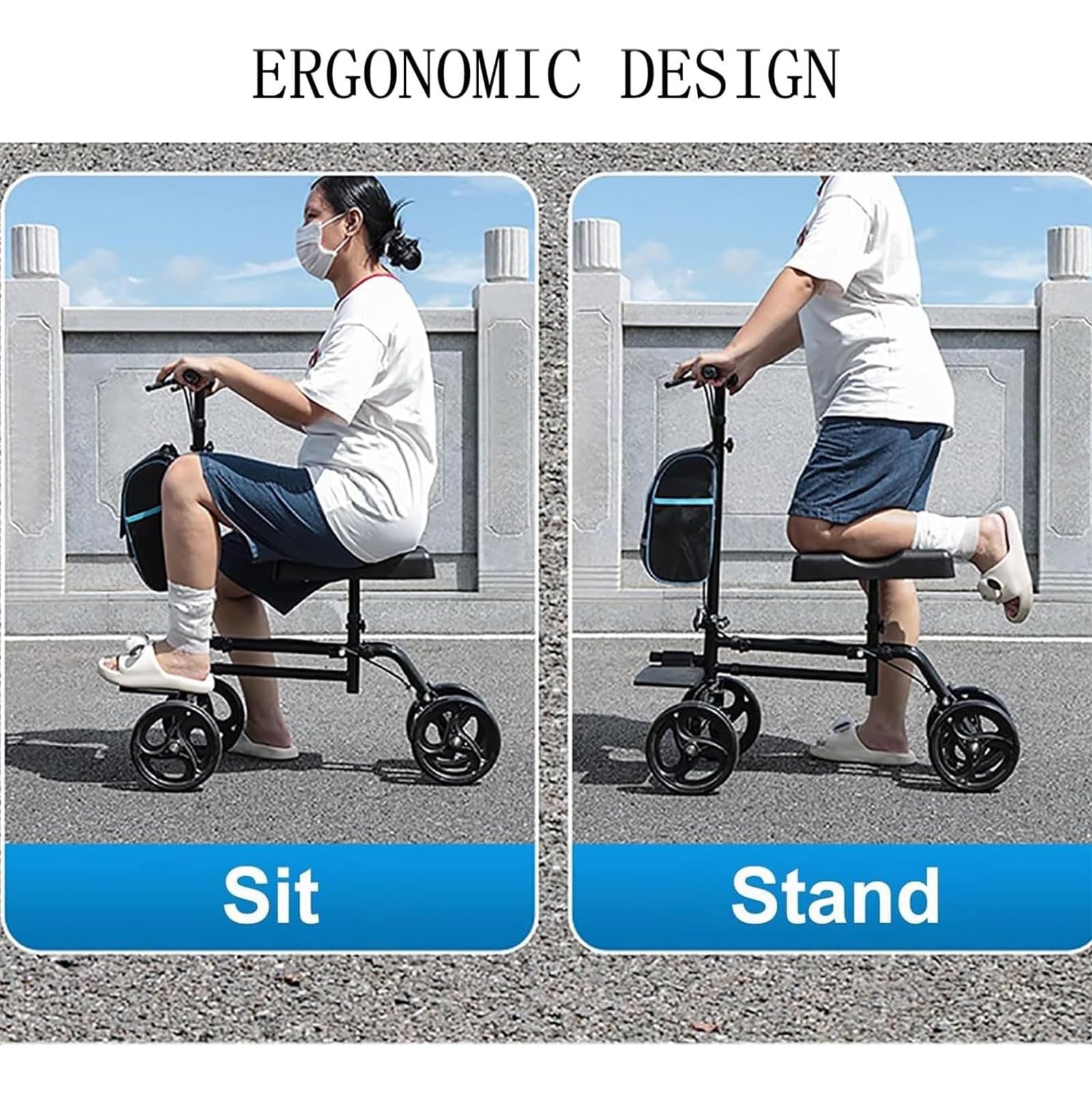 Patinete de rodilla con freno de mano y bolsa de almacenamiento, reposabrazos ajustables y reposapiés para ayuda a la movilidad