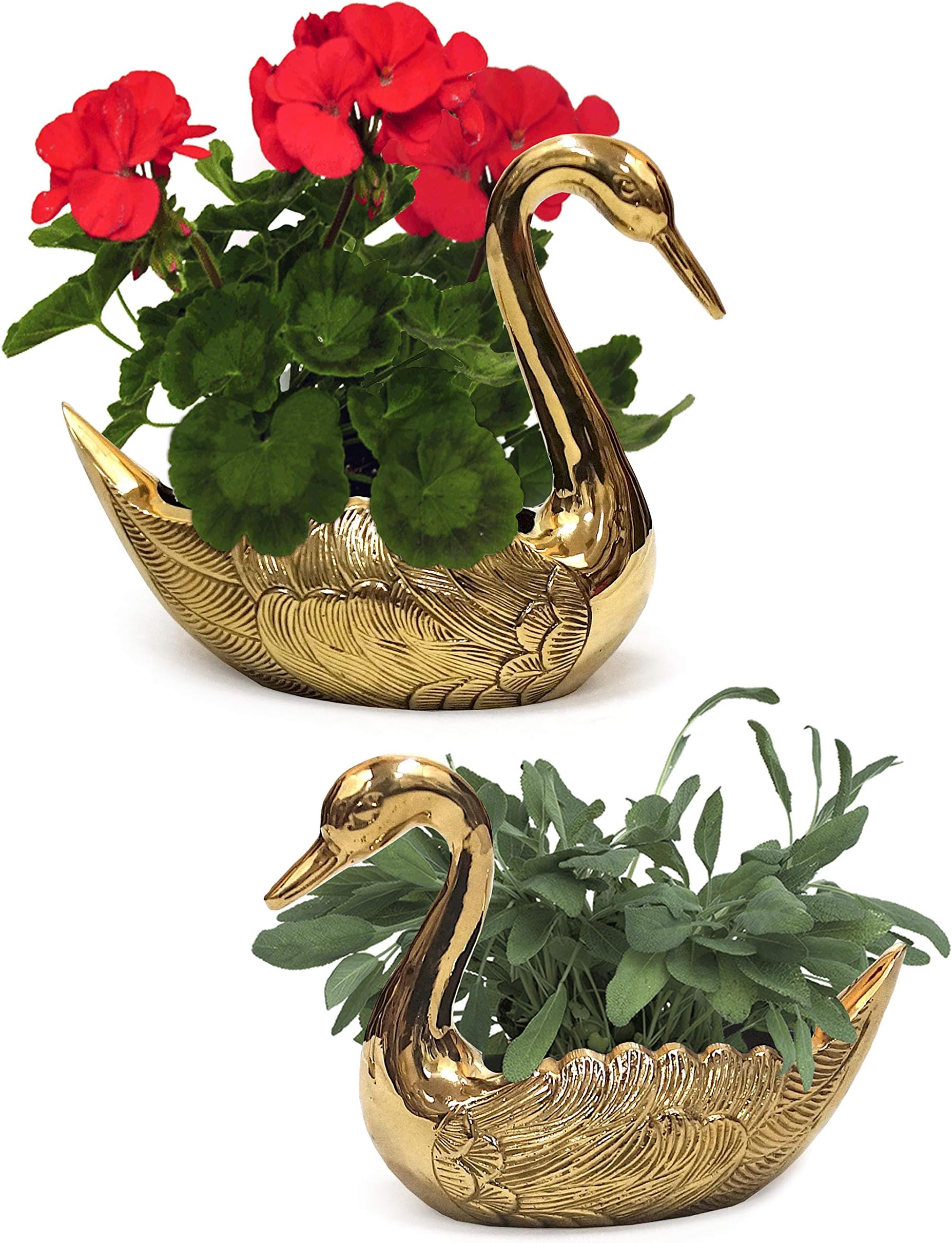 Solid Brass Swan Pair Plant Pots - Flower Pot Containers Great for Plant Stands Succulent Plants - Indoor/Outdoor Animals Garden Decor Gold Bird Planters Set