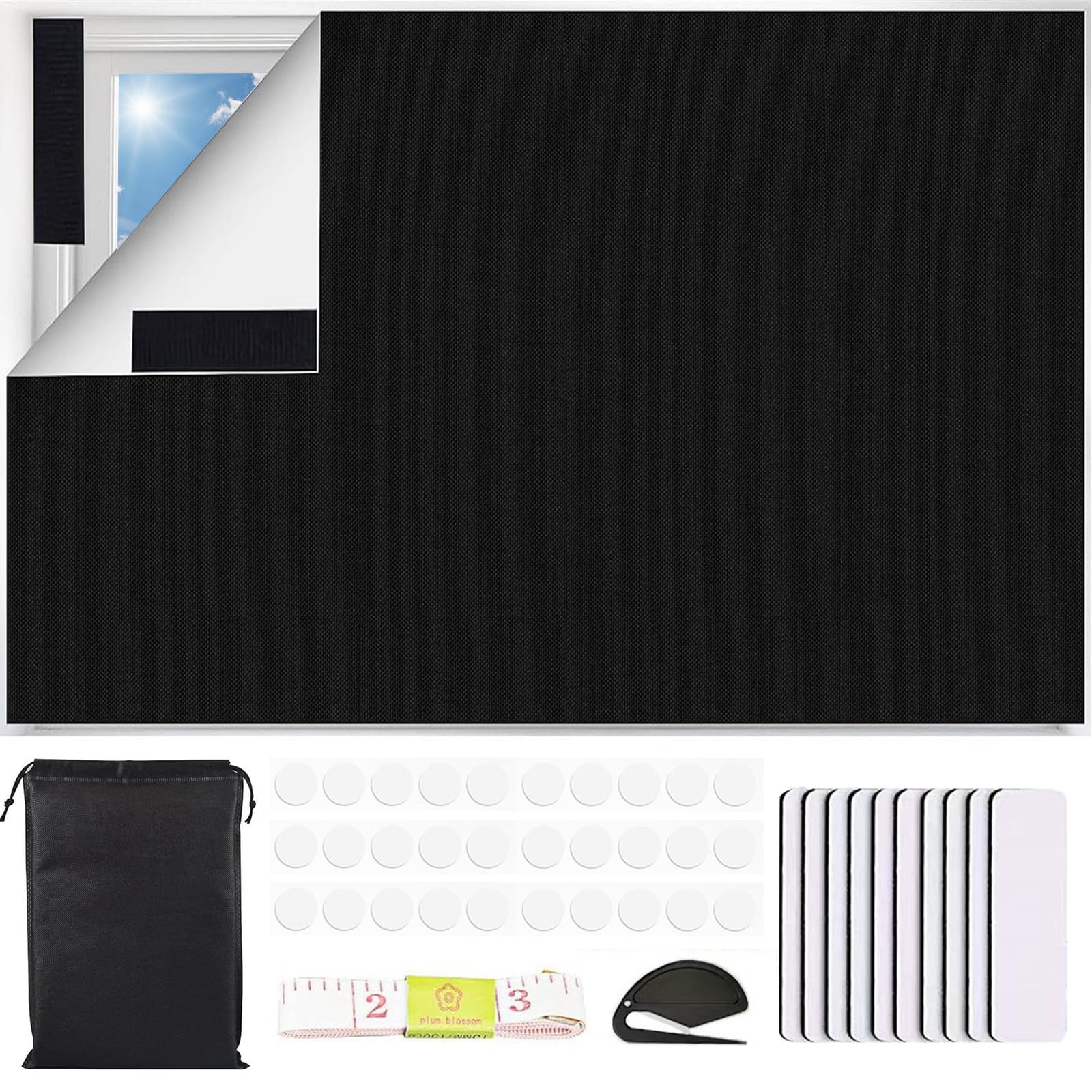 Portable Blackout Blind, 300 x 150cm Blinds Stick on Window, with Adjustable Strap Fits Any Window Size & Shape