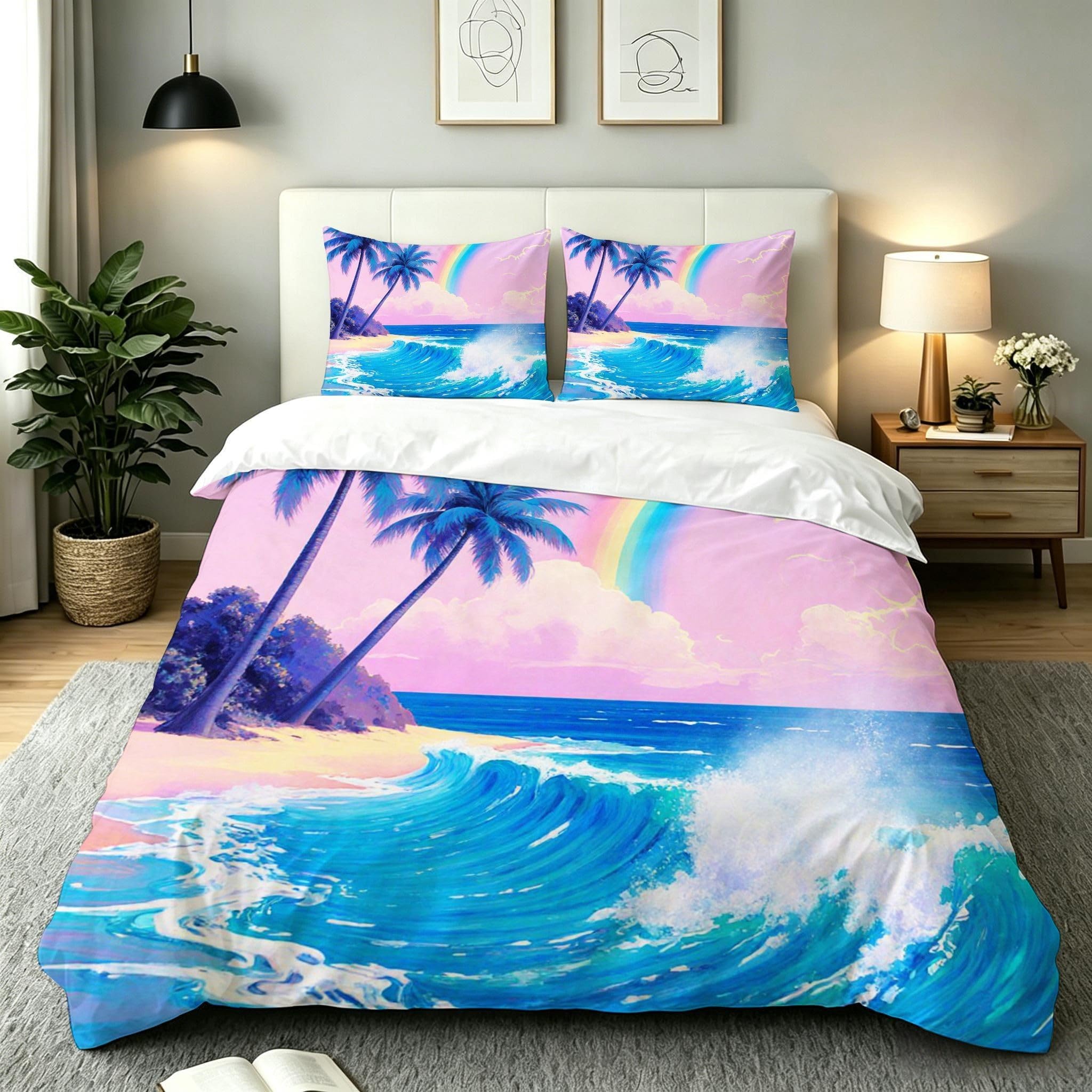 Housse de couette plage arc-en-ciel pour une chambre ambiance vacances