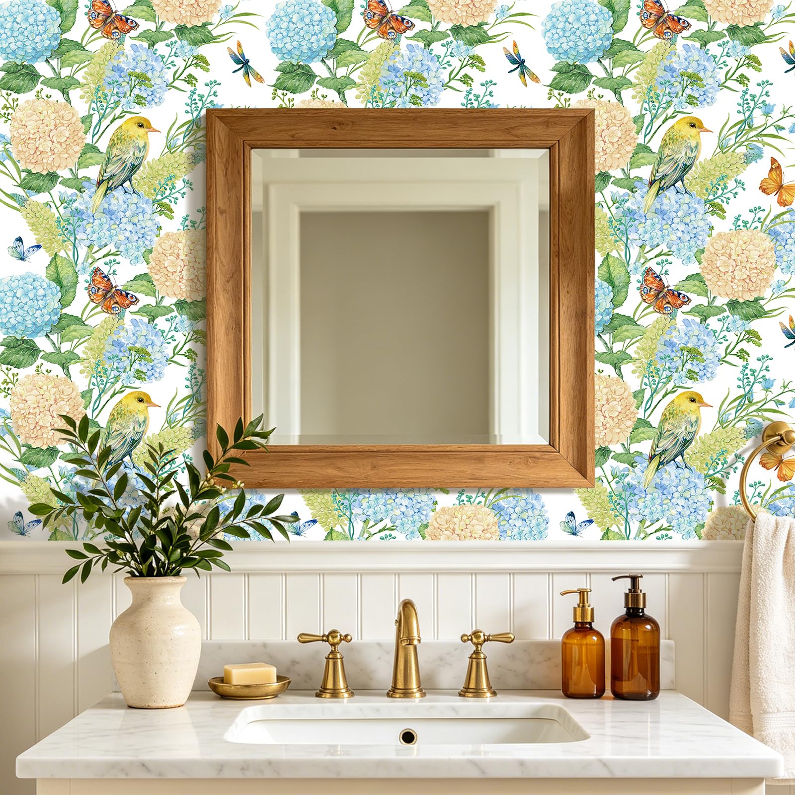 FunStick 44.5CM×9M Carta da Parati Adesiva Muro Floreale Bianca Pellicola Autoadesiva per Muro Bagno Rivestimento Decorativo Carta Adesiva per Mobili Bianca Floreale Uccelli e Libellule Acquerello