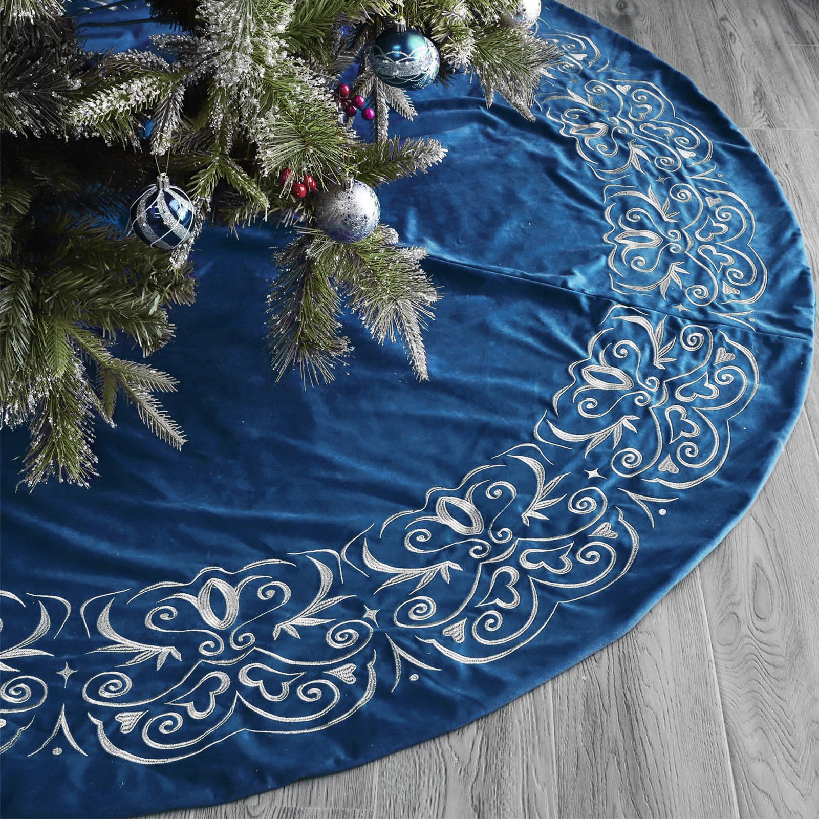 Bunny Chorus Christmas Tree Skirt, 72 inch Large Velvet Fur Plush Blue Tree Skirt, Xmas Tree Skirts with Gold Embroidered Wave Pattern for Merry Christmas Party Christmas Tree Decorations
