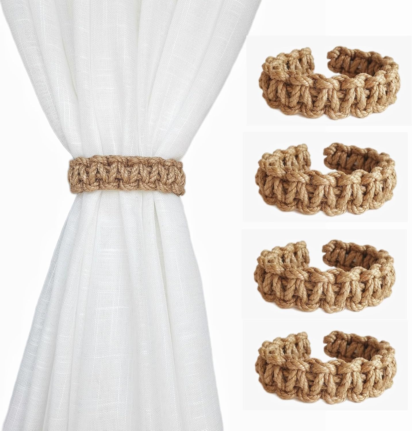 Braided Outdoor Curtain Tiebacks for Drapes, Rustic Curtain holdbacks 4 Pack, Handmade Decorative Curtain Ties for Sheer/Light Weight Drapes of Home Office Bedroom Window