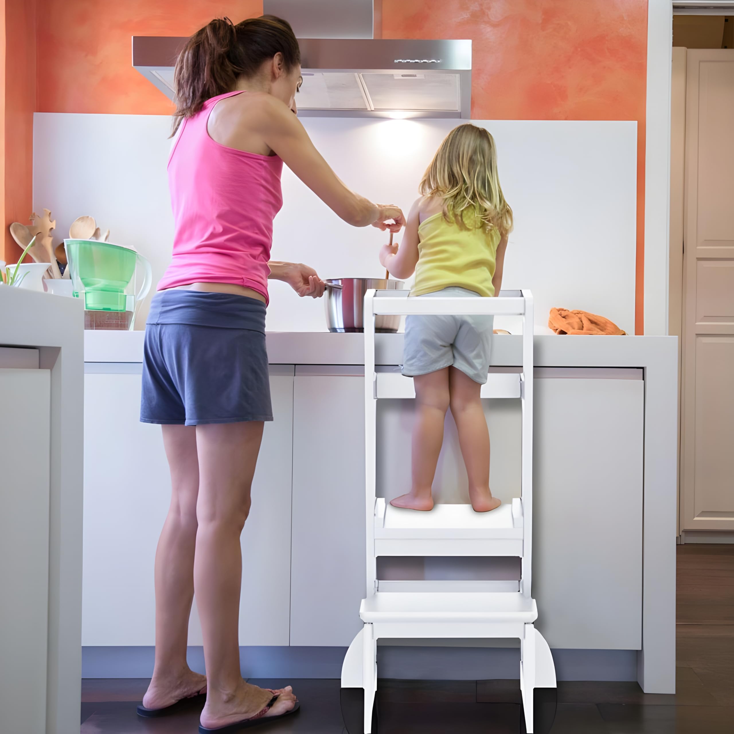 Torre Montessori per Bambini in Legno Bianco – Torre di Apprendimento Regolabile in Altezza, Sicura e Stabile, Ideale per Cucina e Bagno