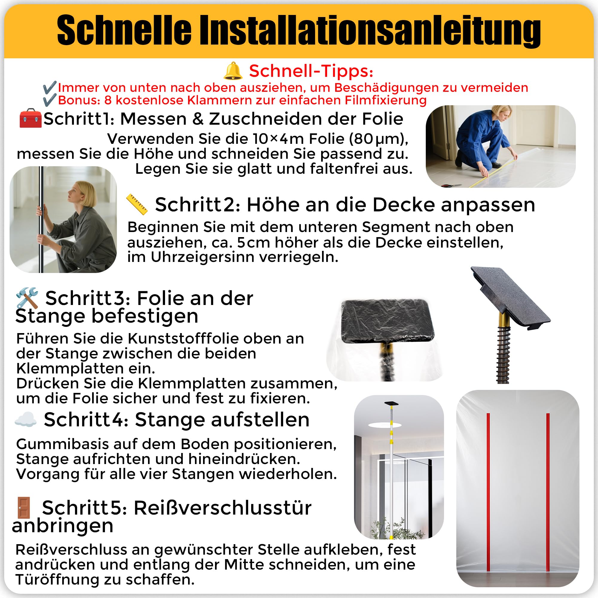 Staubschutzwand mit Reißverschluss – Staubschutztür-Set mit 4 Teleskopstangen (bis 4,8 m/16 FT), 3 mil PE-Folie, 2 selbstklebenden Reißverschlüssen für Baustelle & Renovierung