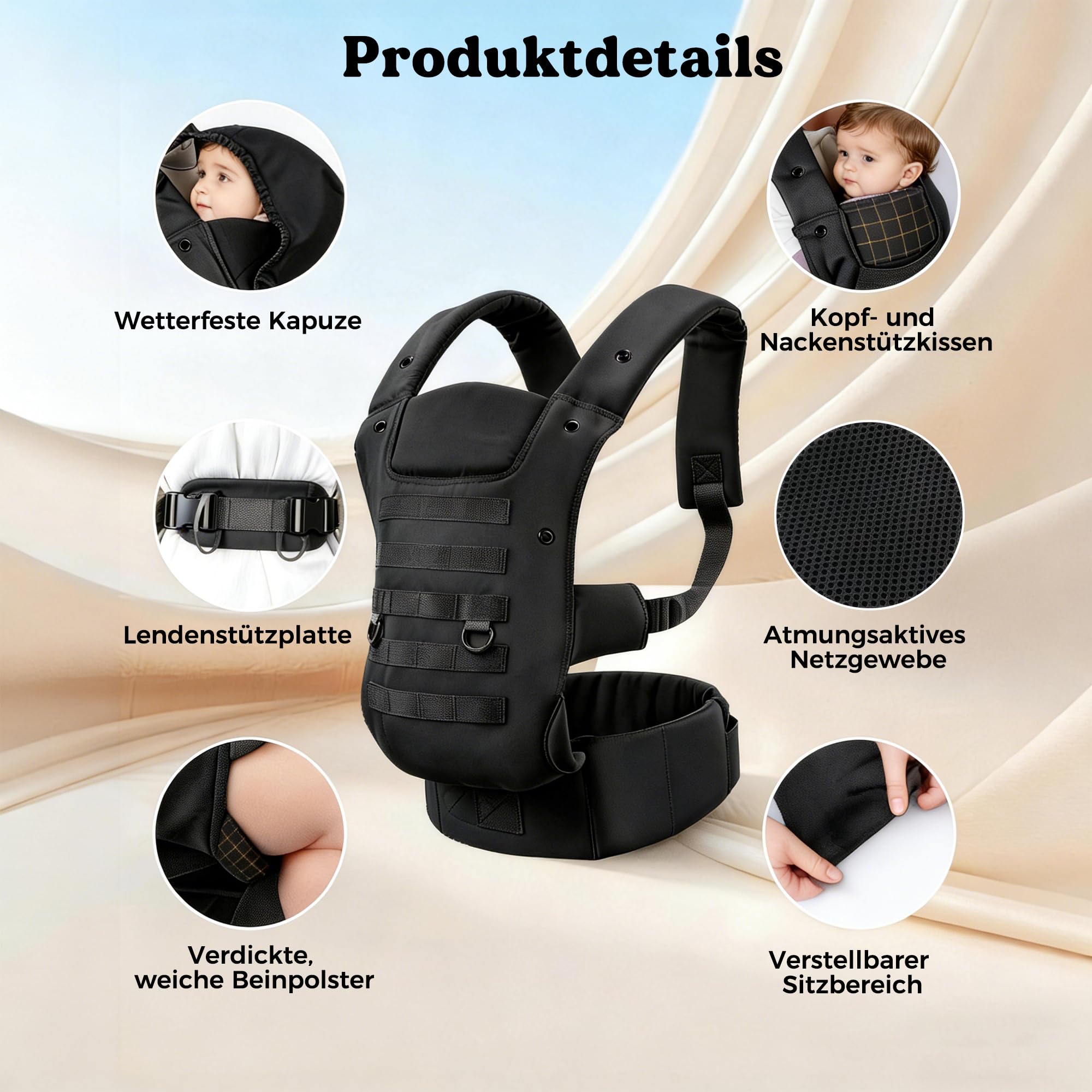 Babytrage für Papa, Ergonomische Baby Trage mit Hüftgesunde (4-36 Monate), 3-in-1 Baby Carrier für 3,5-15kg, Leicht, Atmungsaktive, Einhandbedienung für Unterwegs & Reisen Schwarz