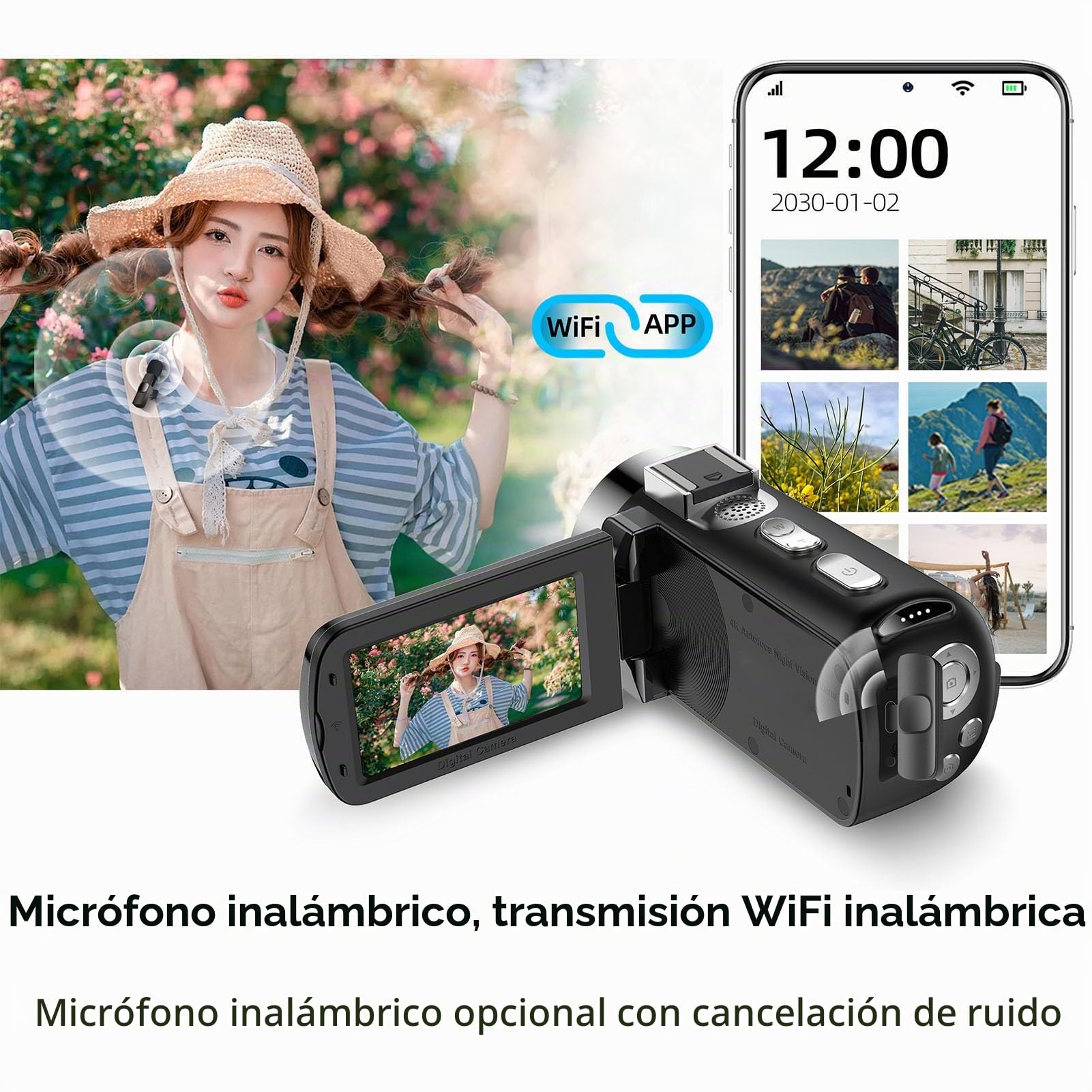 Cámara de Vídeo 4K, Videocámara HD Wi Fi de 64 MP con Zoom Digital de 28X, Grabadora de Vídeo con Pantalla de Rotación de 3 Pulgadas con Luz LED de Visión Nocturna, Cámara