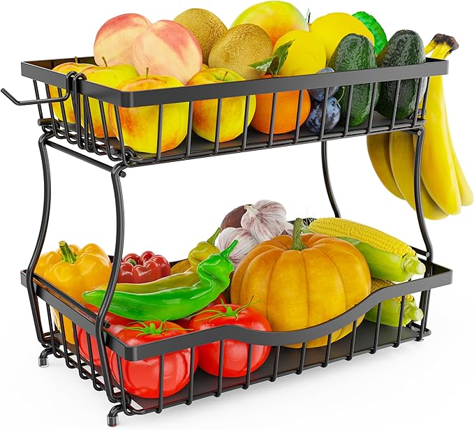 Large 2 Tier Fruit Basket for Kitchen Counter with 2 Banana Hangers, Metal Fruit Bowl for Onion Vegetable Bread Snack, Countertop Organizer – Black, 14.5" W x 9.5" D