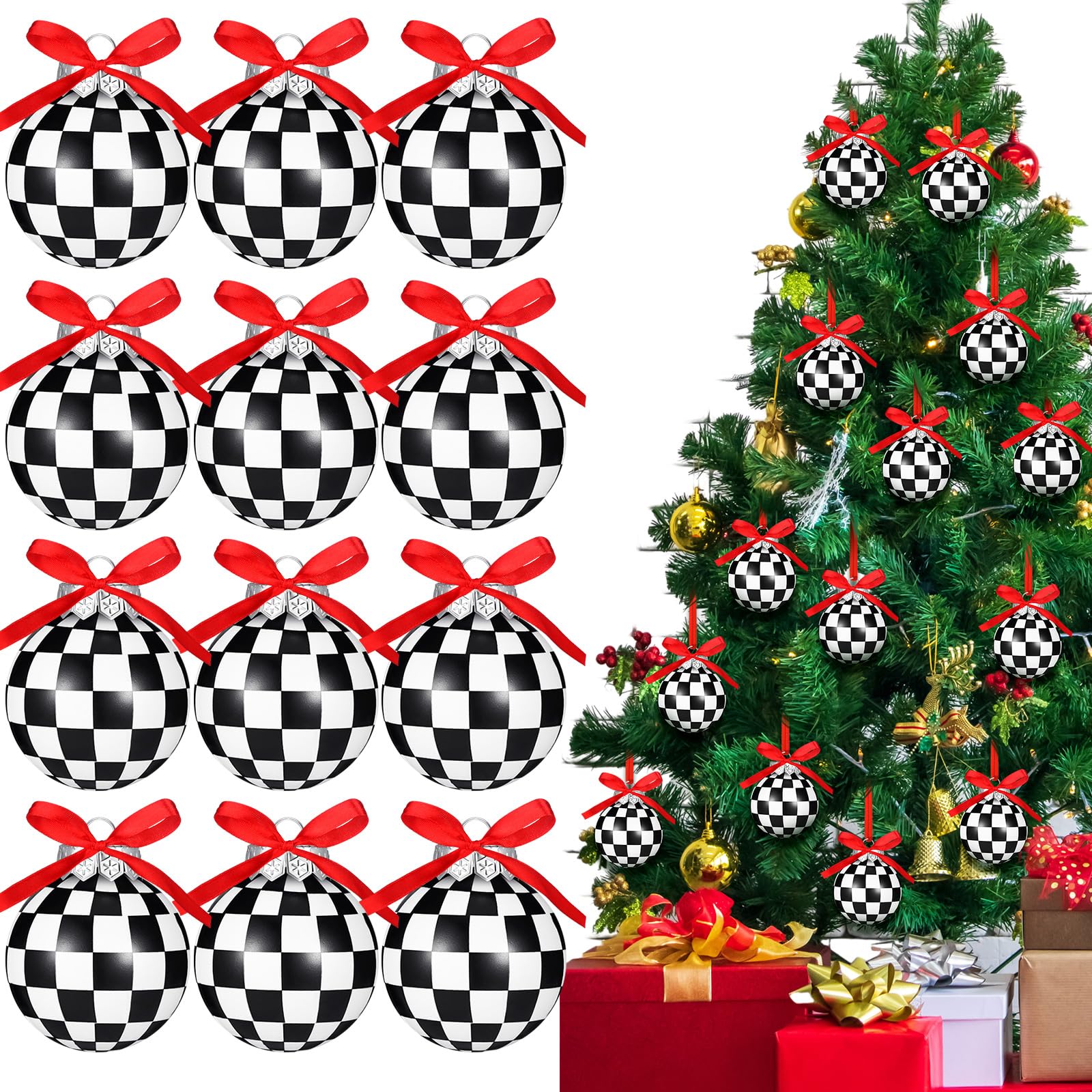Lot de 12 boules de Noël en plastique à suspendre pour sapin de Noël - Motif à carreaux - 6 cm