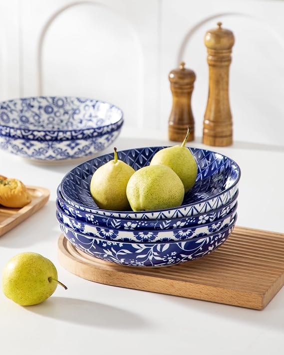 vancasso SELENE 50 oz Large Pasta Bowls Set of 6, Porcelain Serving Bowls, 9.5 Inch Wide Shallow Salad & Soup Bowls, Kitchen Pasta Plates, Microwave and Dishwasher Safe, Blue White Floral Design