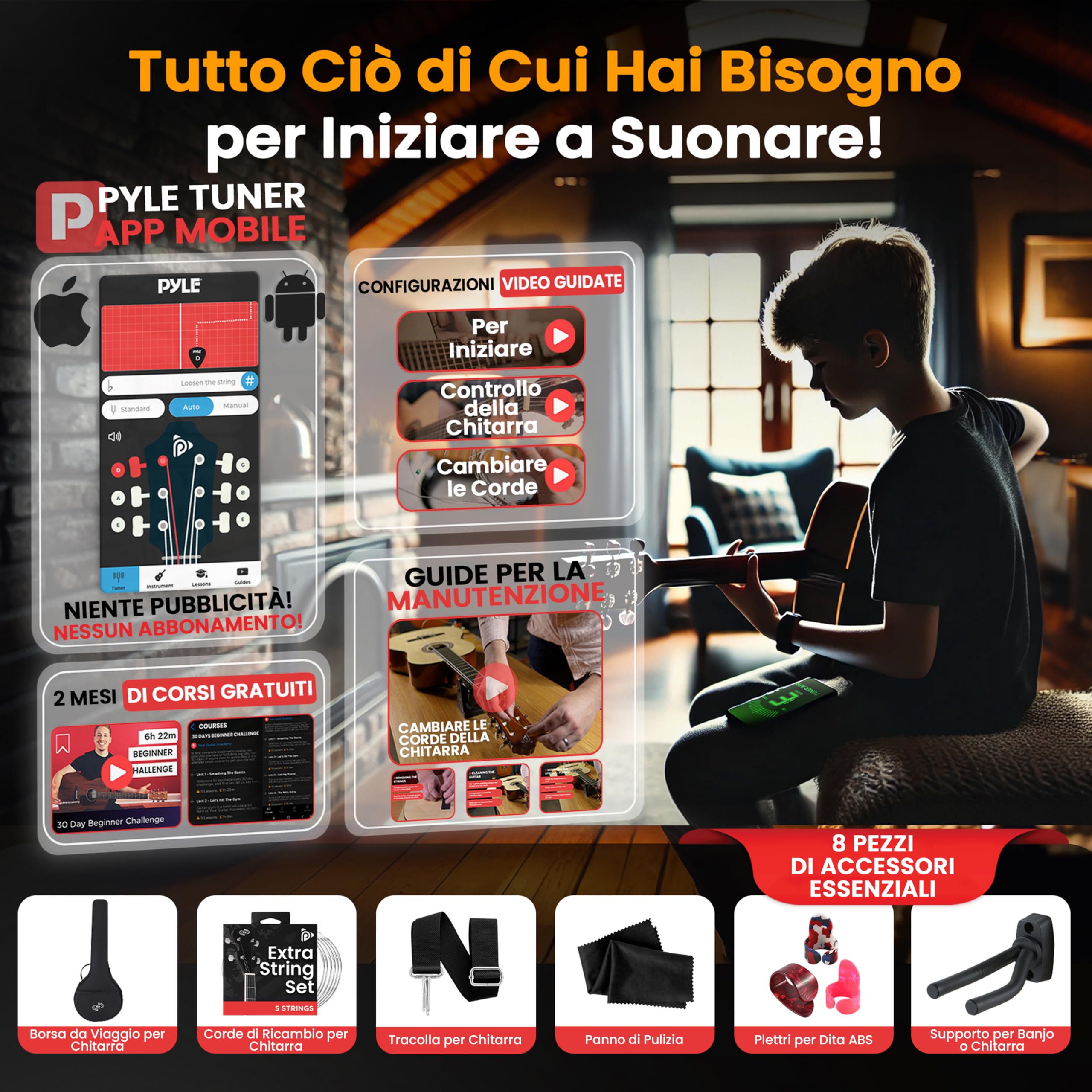 Pyle Kit Iniziale Banjo a 5 Corde con Risonatore, Staffa 24, Tamburo Remo, Retro in Legno Duro, Accordatore, Plettri, Tracolla e Borsa