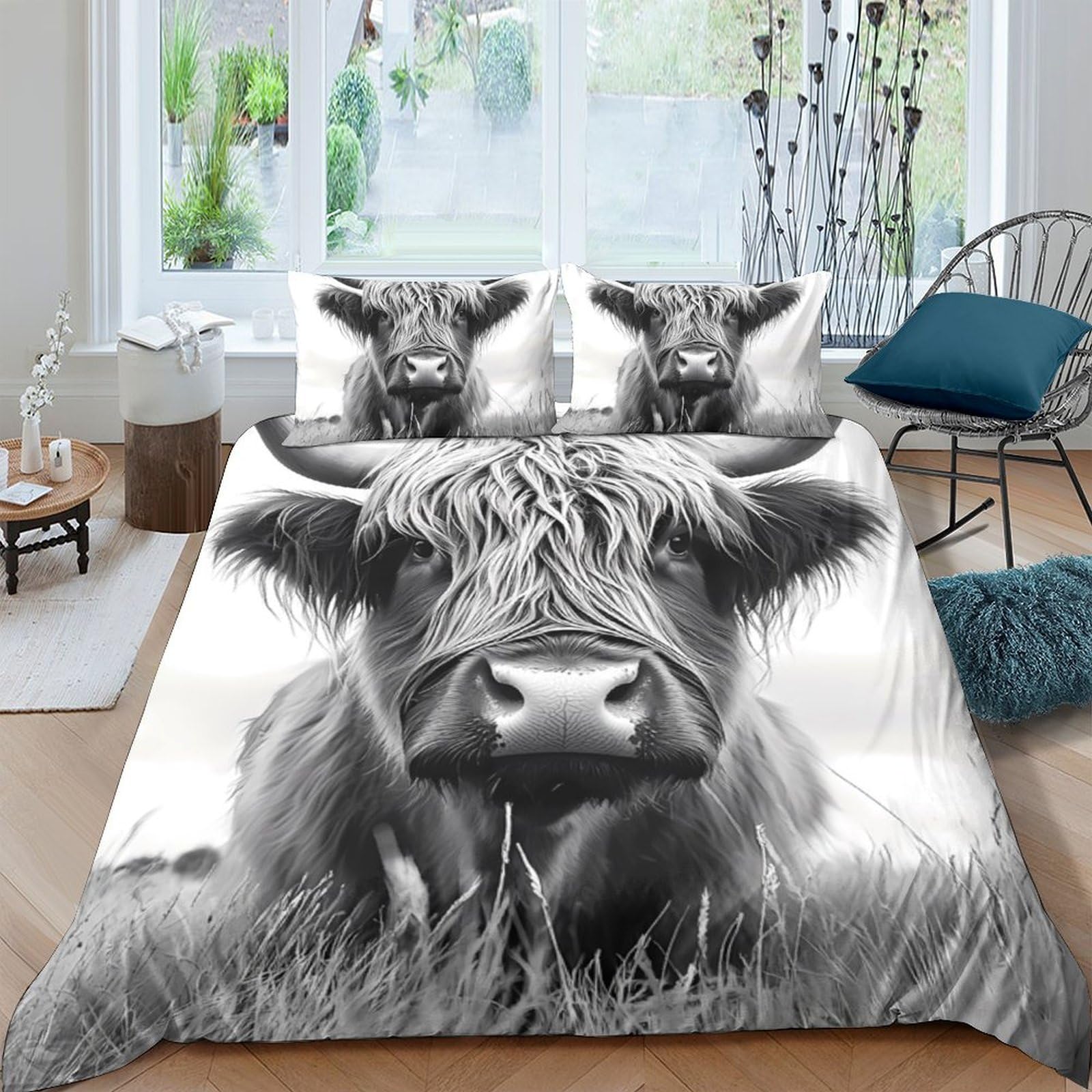 Ctjqhvkz Style-7 3D Printed Highland Cow Fitted Sheet Microfiber Soft Anti-Slip Black White Pasture Bed Cover For Bedroom Dorm Mattress Protection Decor Single（135X200cm）