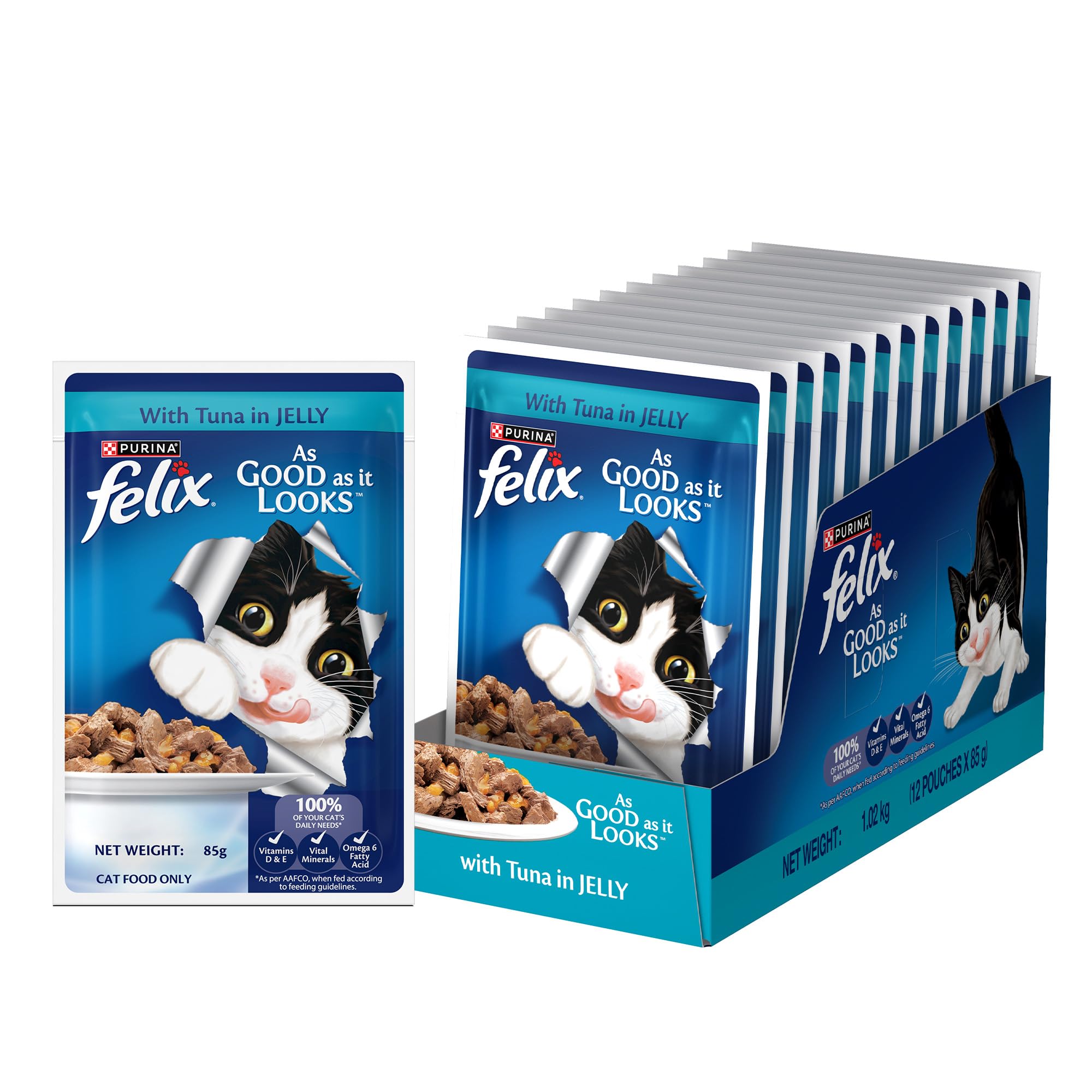 Felix with Tuna in Jelly | Wet Food for Adults | Complete and Balanced Cat Food, Pack of 12 Pouches (12 x 85 g)