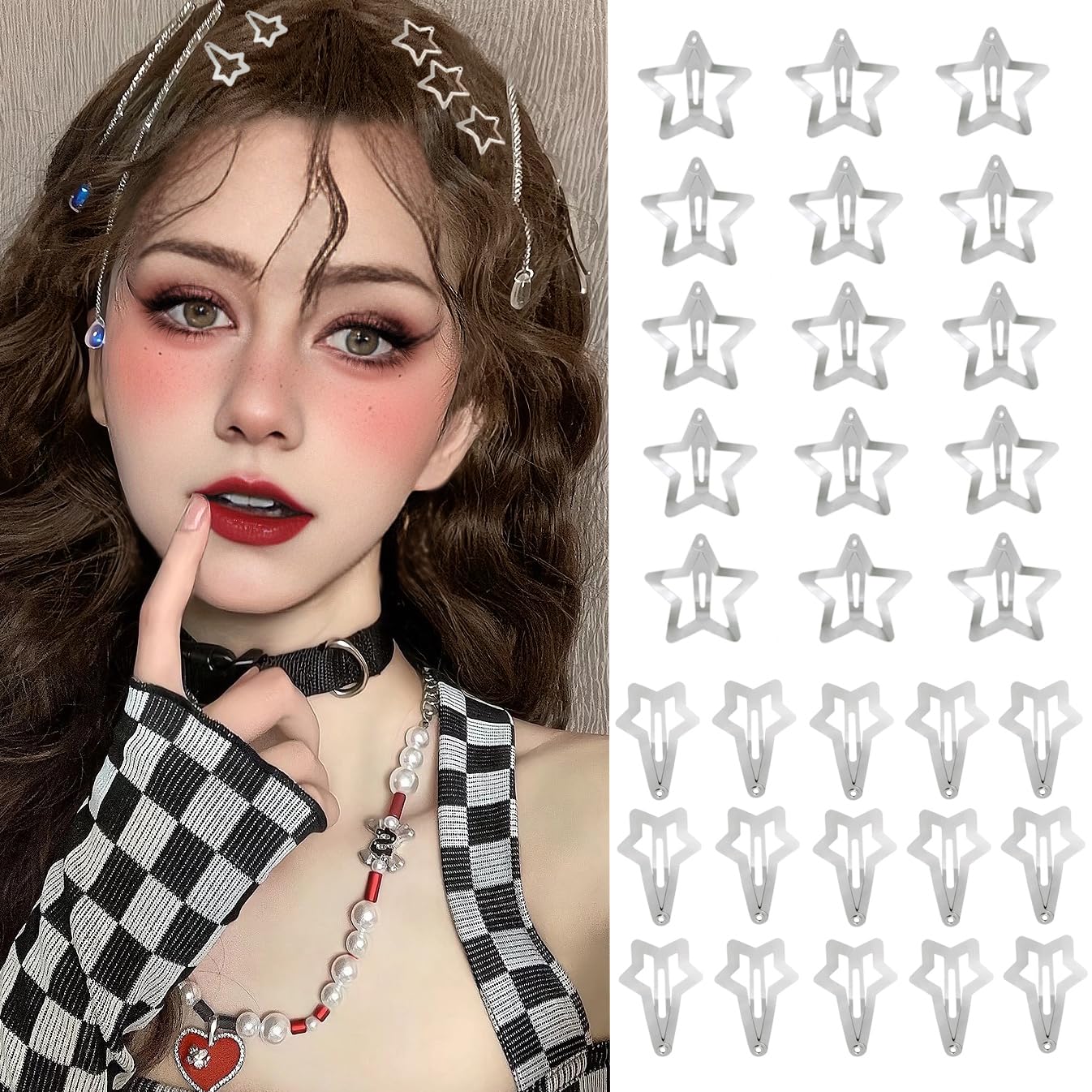 1.22" Peach Heart and Metal Star Hair Accessories - 30 Pieces Non Slip Barrettes for Girls and Women (Star + Meteor)