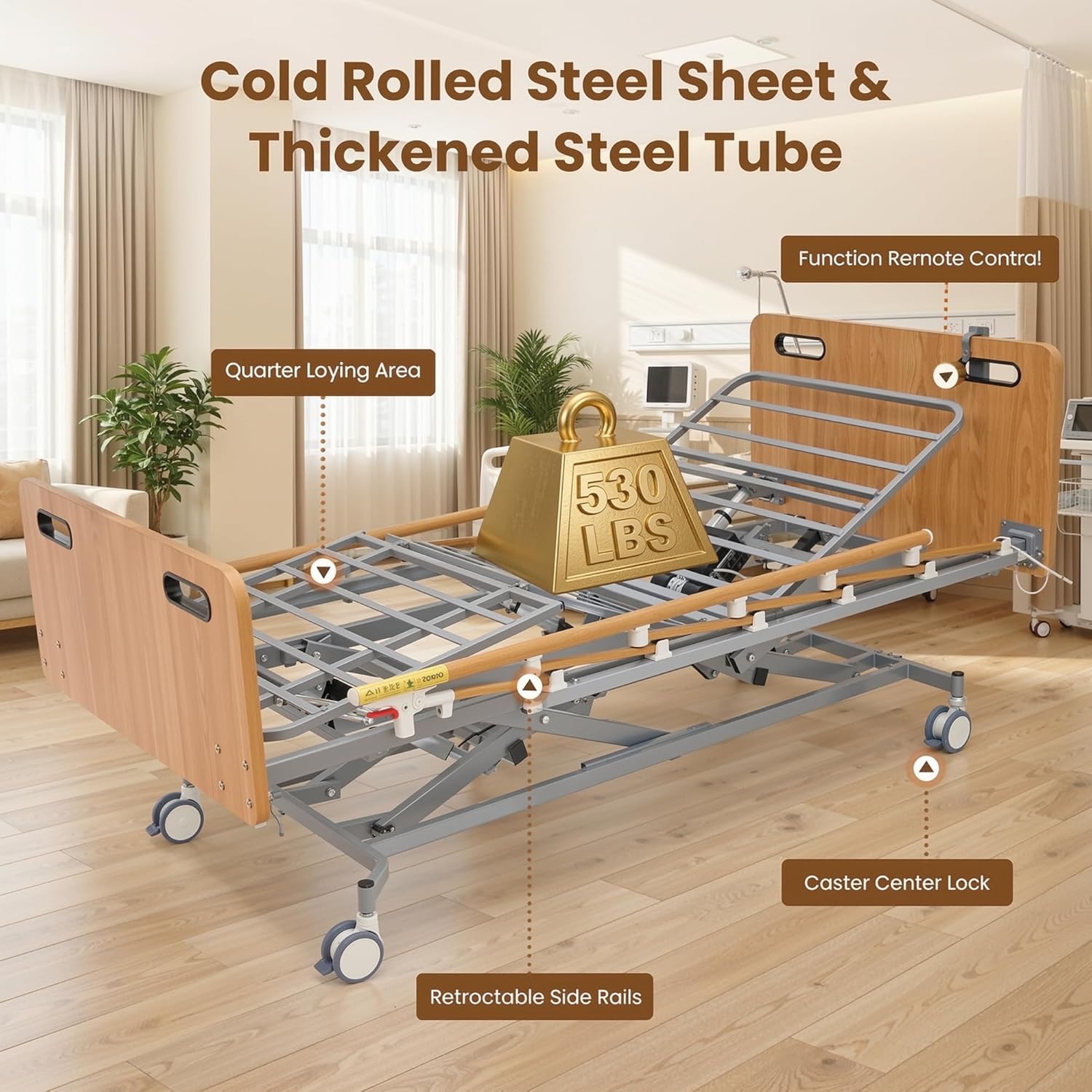 Careboda Full Electric Hospital Bed for Home Use – 5-Function Adjustable with German Motor, 4" PU Memory Foam Mattress, Foldable Safety Rails, Remote, Overbed Table, Height 9.4"–28.5", Up to 530 lbs