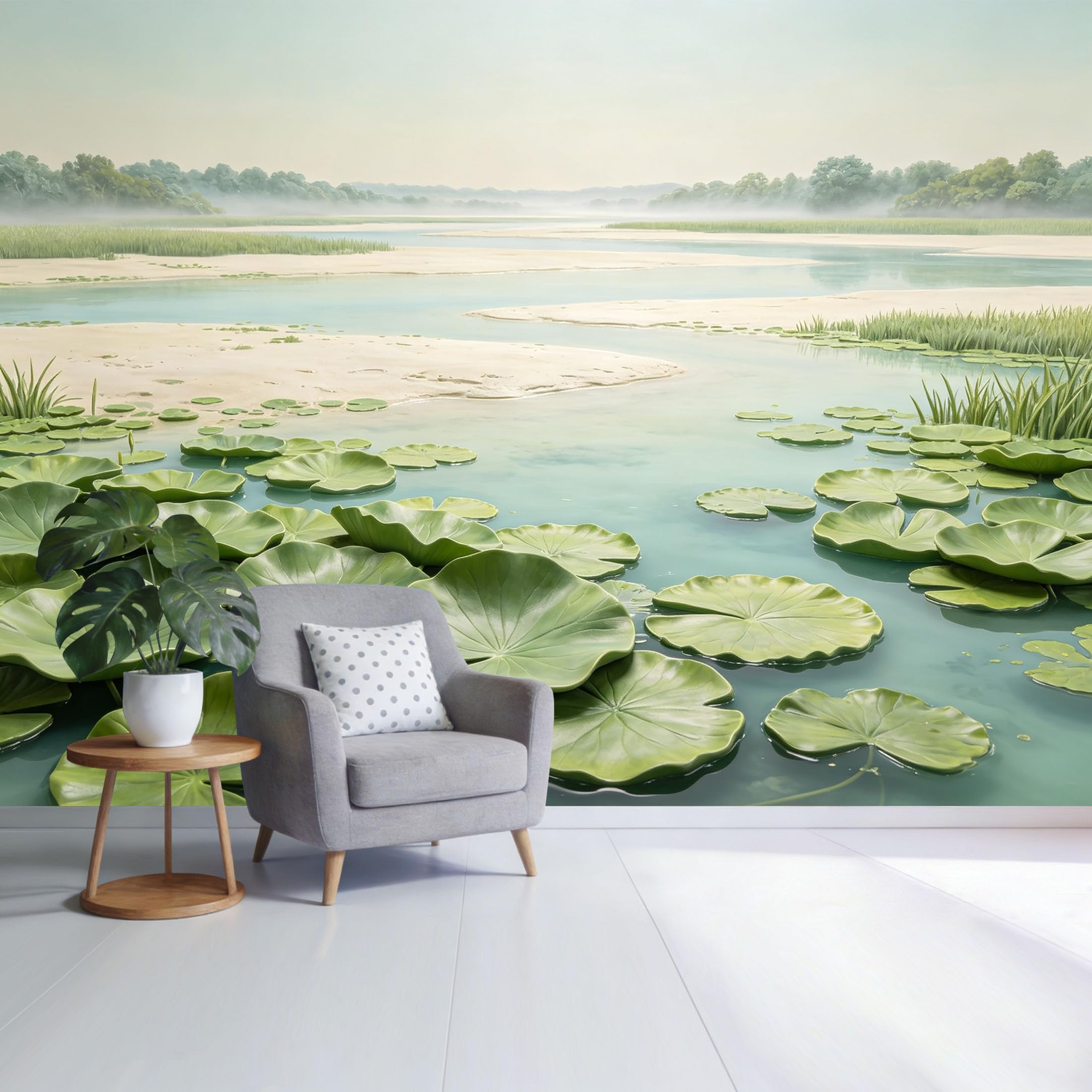 Custom Size Wall Mural Tranquil Lake View with Green Lotus Leaves and Misty Forest Landscape SelfAdhesive Wall Fabric Removable Wallpaper for Home Office Decor