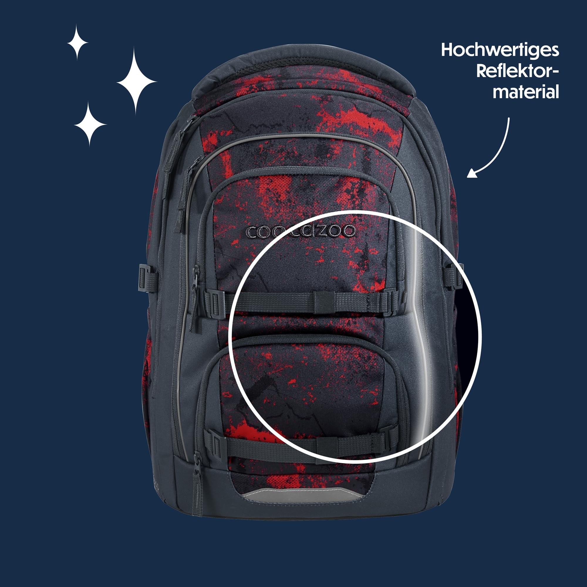 coocazoo Porter Schulrucksack „Broken Black”, schwarz-rot, ergonomischer & anpassbarer Tornister, höhen- & größenverstellbar, mit Brustgurt & Hüftgurt, ab der 3. Klasse