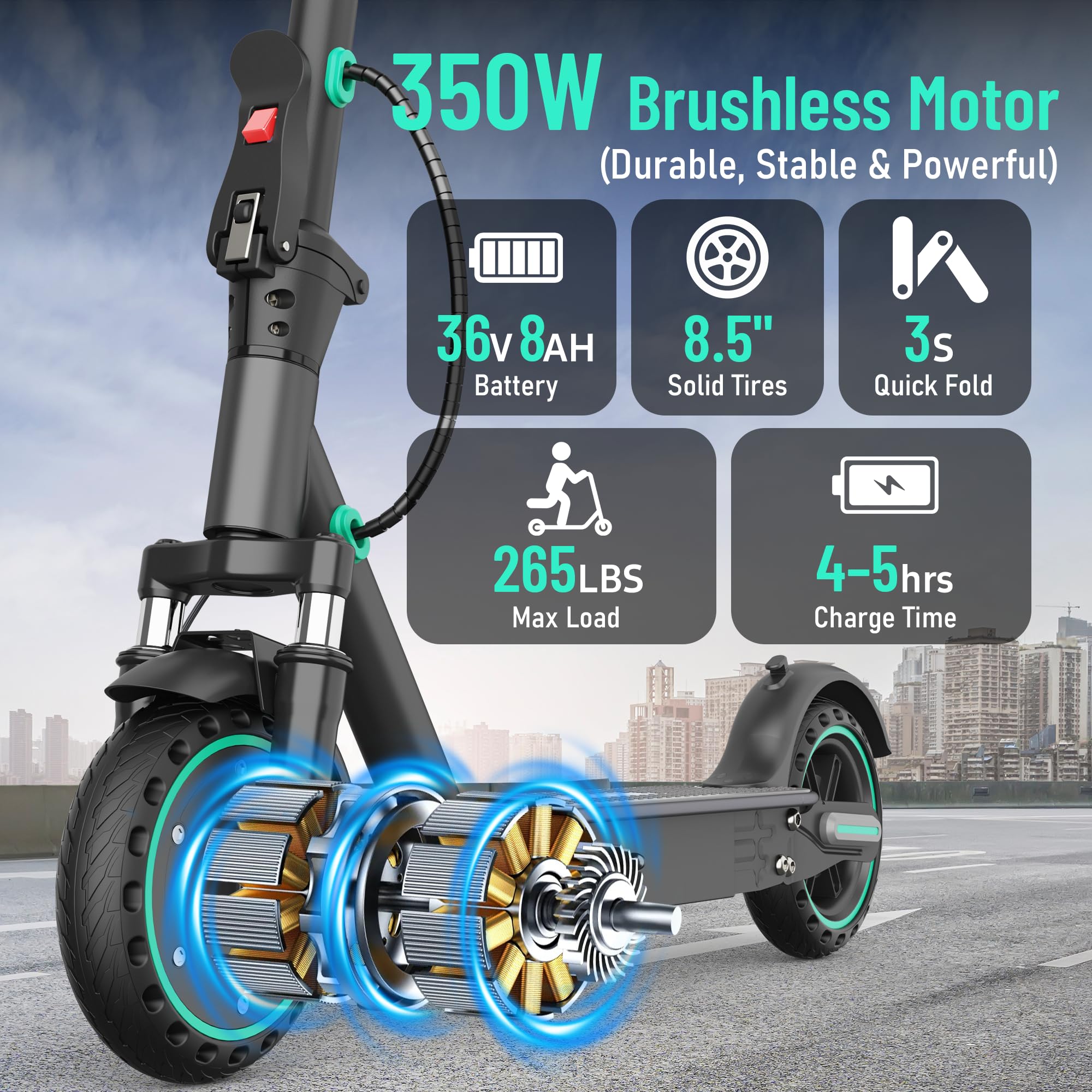 EggKing Patinete eléctrico D8 con doble suspensión, batería de litio de 36 V 10,5 AH