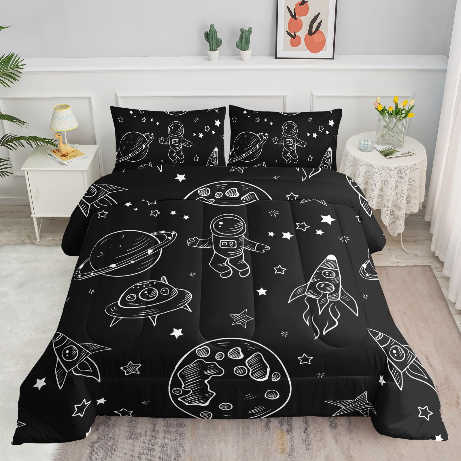 Datura home Kids Space Astronaut Comforter Set for Boys Kids Children,Galaxy Space Ship Astronaut Rocket Printed Bedding Set with 1 Comforter and 2
