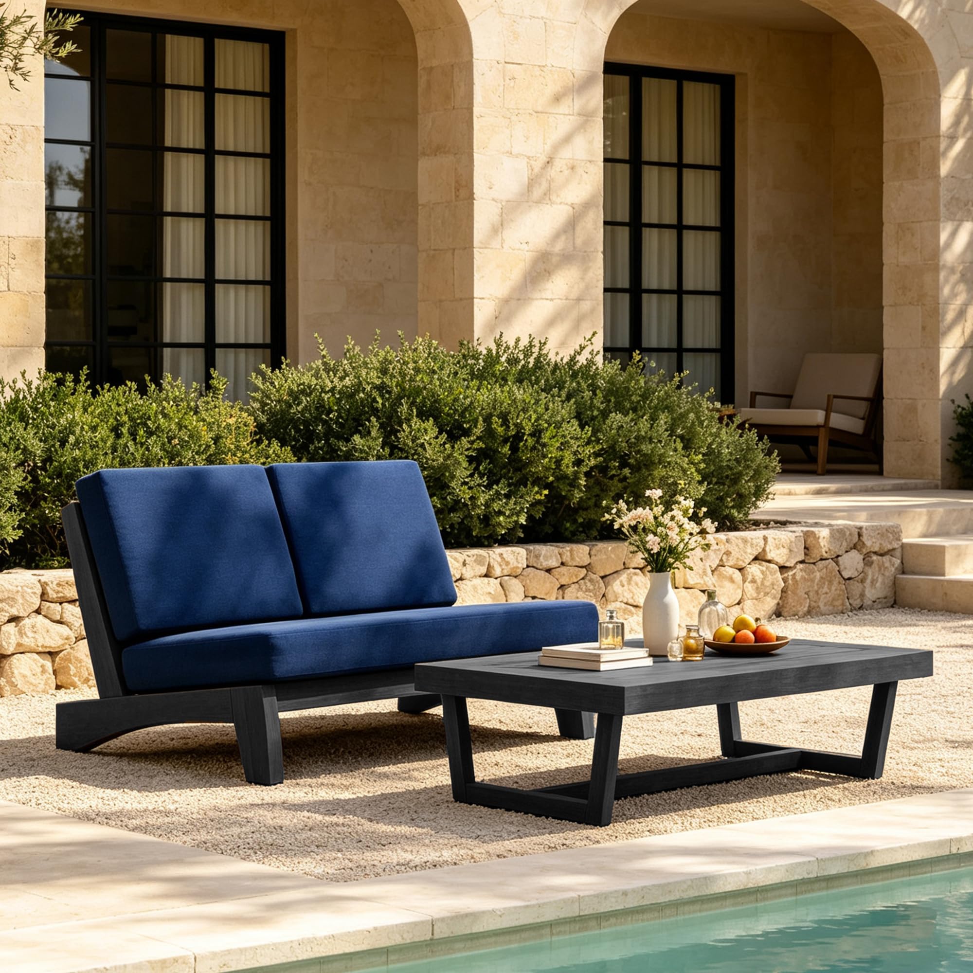 Pia Ricoo 2 Piece Patio Furniture Set, Outdoor Split Back Loveseat with Coffee Table &amp; Thick Cushions, All-Weather Outdoor Sofa for Backyard, Deck, Lawn, Navy, Dark Wood
