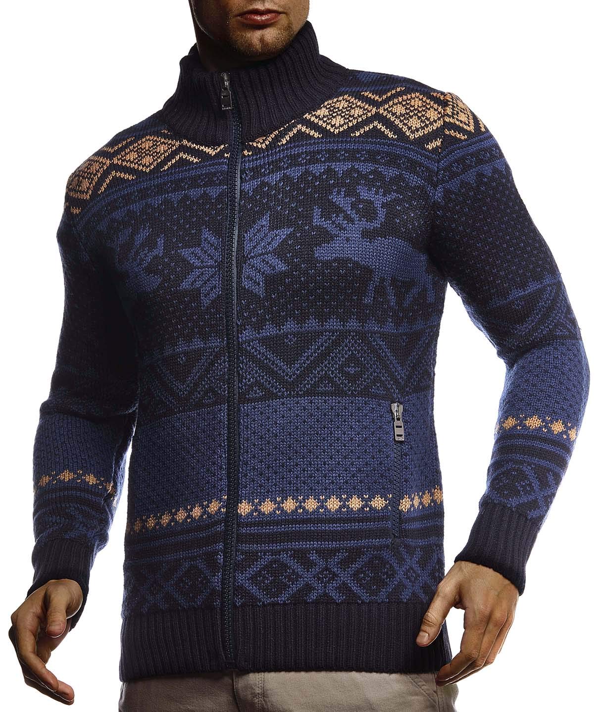 Leif Nelson Herren Strickjacke mit Stehkragen Norwegerjacke Schwarze Winterjacke warme Freizeitjacke Männer Jacke für Weihnachten Winter Norweger Muster Grobstrick Slim Fit LN20759