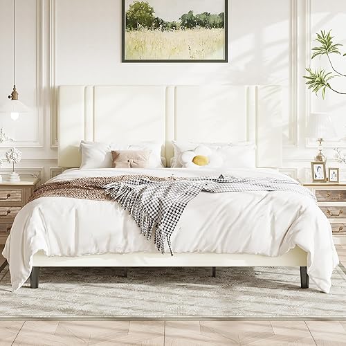 Miniatura 16 de Allewie Base de cama de plataforma Queen con cabecera ajustable, tapizado de terciopelo de felpa, canal vertical acolchonado, listones de madera