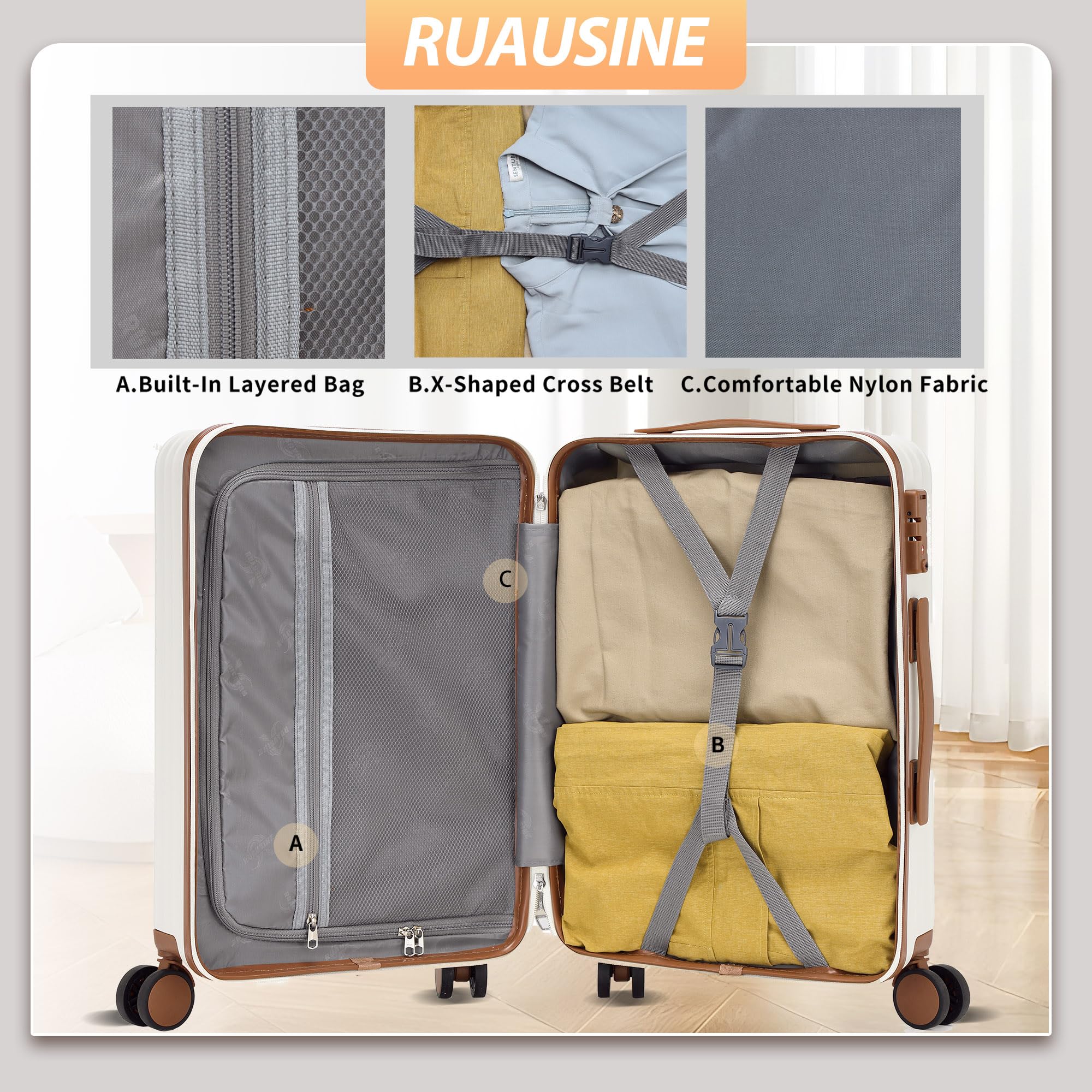 Ruausine Bagaglio a mano approvato dalle compagnie aeree, valigia rigida con ruote girevoli, piccolo bagaglio a mano leggero con guscio rigido e lucchetto TSA (White, 20 IN)