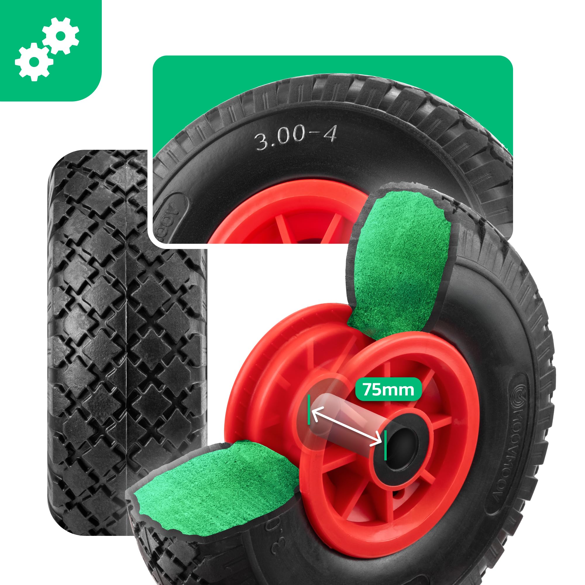 MOOVMOOV 2x Roues Diables Increvables 3.00-4 (260x85 mm) - Alésage 20mm - Pour Diable, Chariot et Autres. Pneu Plein avec jante PVC - Inclus Bagues de Serrage avec Clé Allen + Calottes Autobloquantes