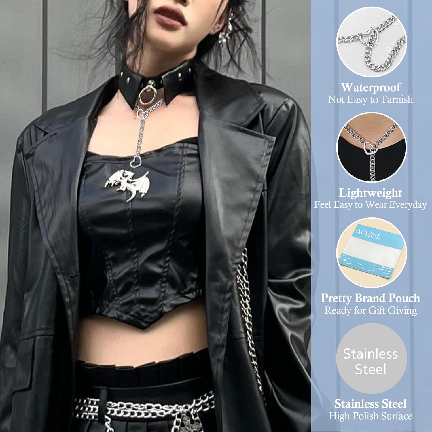 Slip Chain Necklace for Women, Adjustable Heart O-Ring Choker with Stainless Steel Chain, Punk Style Edgy Jewelry Gift, Available in 25-34'' - Image 5