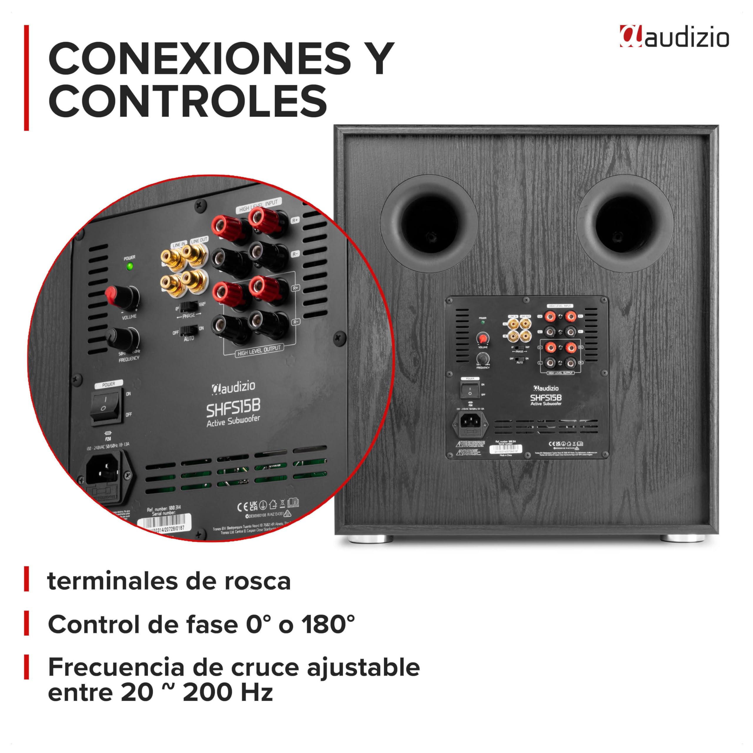 Audizio SHFS15B – Subwoofer Activo de 15 Pulgadas para Home Cinema con Amplificador Clase D, 500W, Graves Profundos, Crossover Ajustable, Bass Reflex conexión RCA y bornas, Color Negro