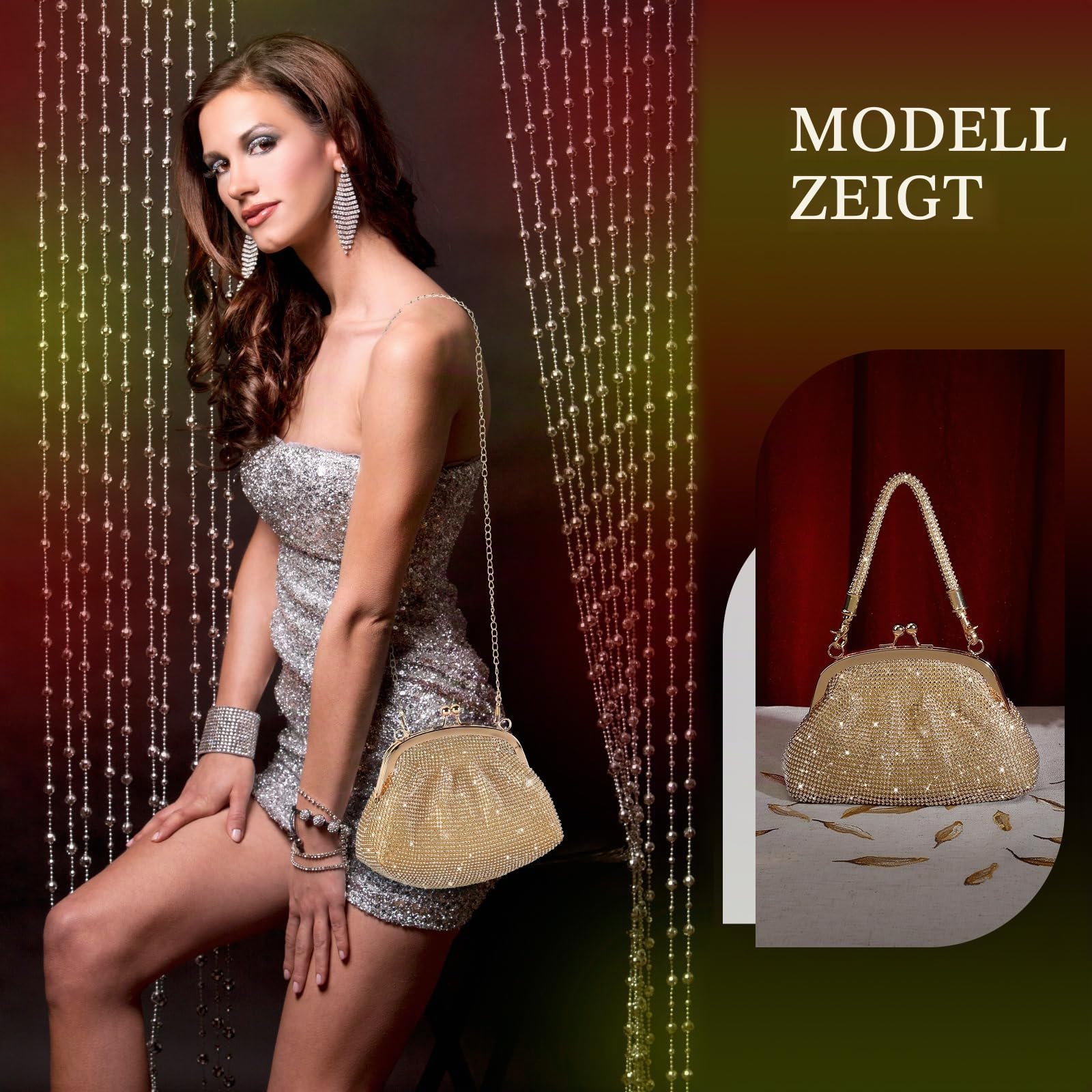 BAIGIO Vintage Clutches Damen Elegante Abendtasche Clutch Tasche Perlen Elegant Handtasche Retro Umhangetasche fur Party Hochzeit Gold