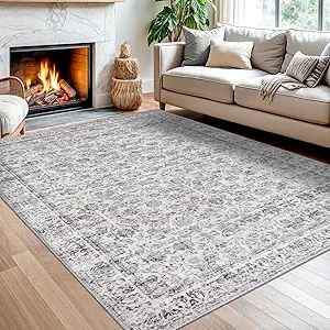 Grey Blue White 5x7 Area Rug for Nursery, Large Vintage Neutral Rug with Non-Slip, Washable Rugs for Living Room, Soft Traditional Floral Carpet for Farmhouse Dining Room Office Home Décor
