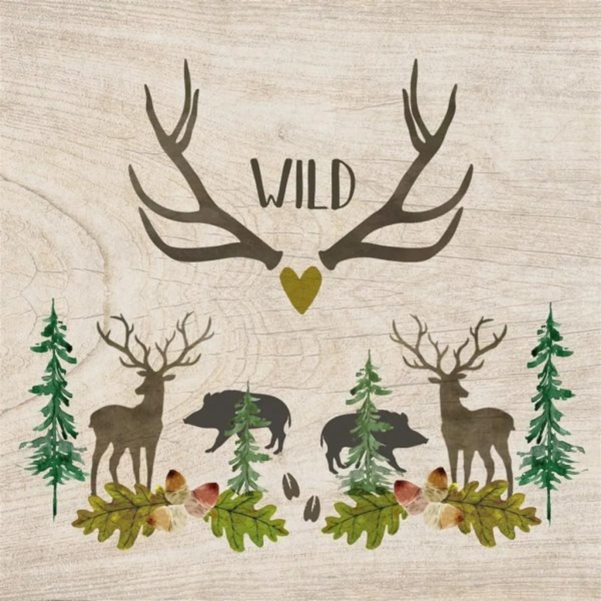 Set of 2 Individual Decoupage Paper Party Napkin Deer Board Wild Script Watercolor Decor Luncheon Napkins for a Birthday Holiday, Wedding, Cocktail Party