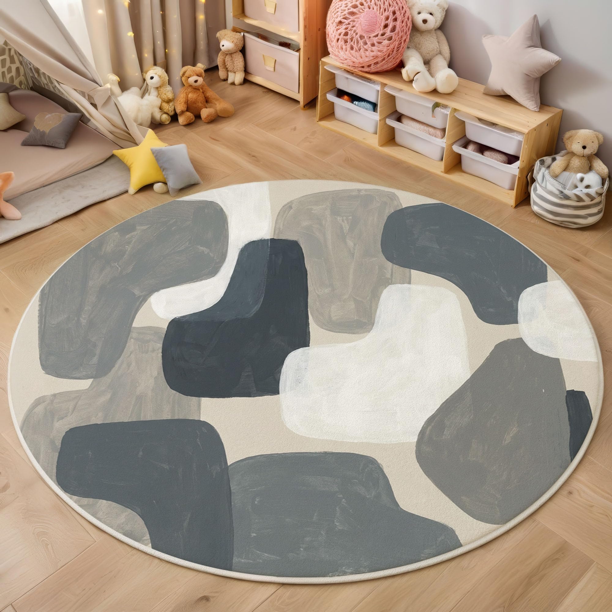 Tapis Rond Blocs De Couleur Irréguliers 100cm, Minimalisme Nordique Lavable en Machine Tapis Rond pour Salon, Antidérapant, Imprimé pour Salle à Manger, Chambre, Nurserie, Gris-Brun