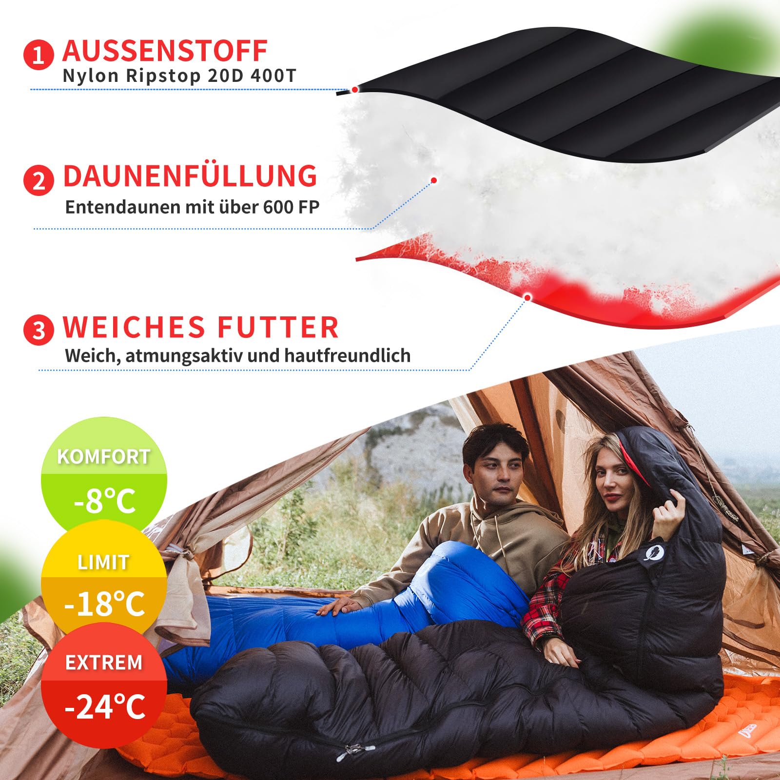 Daunenschlafsack, 4-Jahreszeiten-Schlafsack, Winterschlafsack -3°C bis -20°C Geeignet für Camping, Wandern und Outdoor-Camping für Erwachsene und Kinder