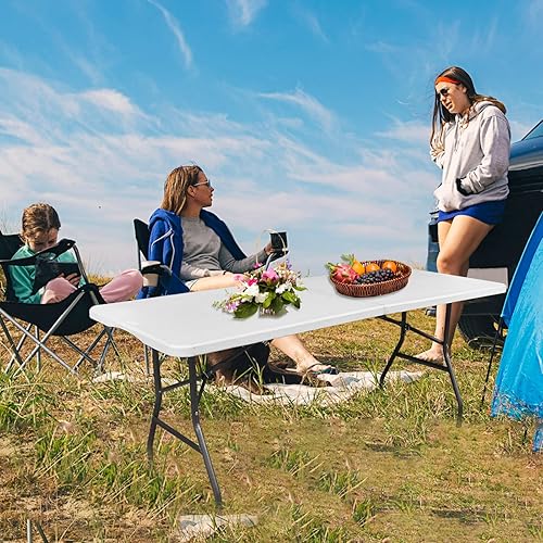 Miniatura 7 de Mesas plegables, mesa plegable portátil para interiores y exteriores, mesa de comedor plegable de plástico resistente con asa, cerradura para