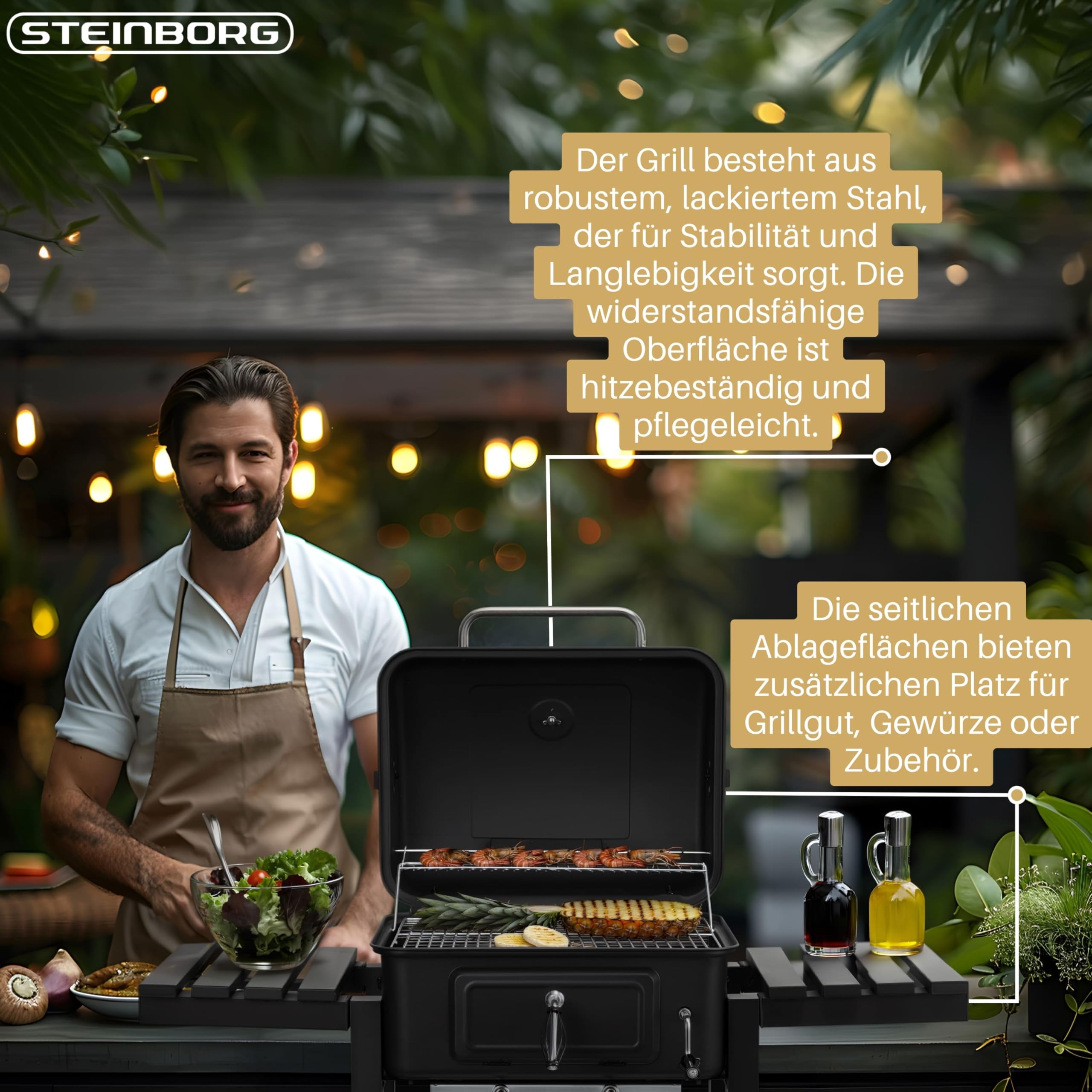 Steinborg® Holzkohlegrill mit Deckel & Thermometer – BBQ Grillwagen fahrbar mit 2 Grillrosten, Warmhalterost, höhenverstellbarer Kohlewanne, Thermometer, Ascheschublade & Seitenablagen