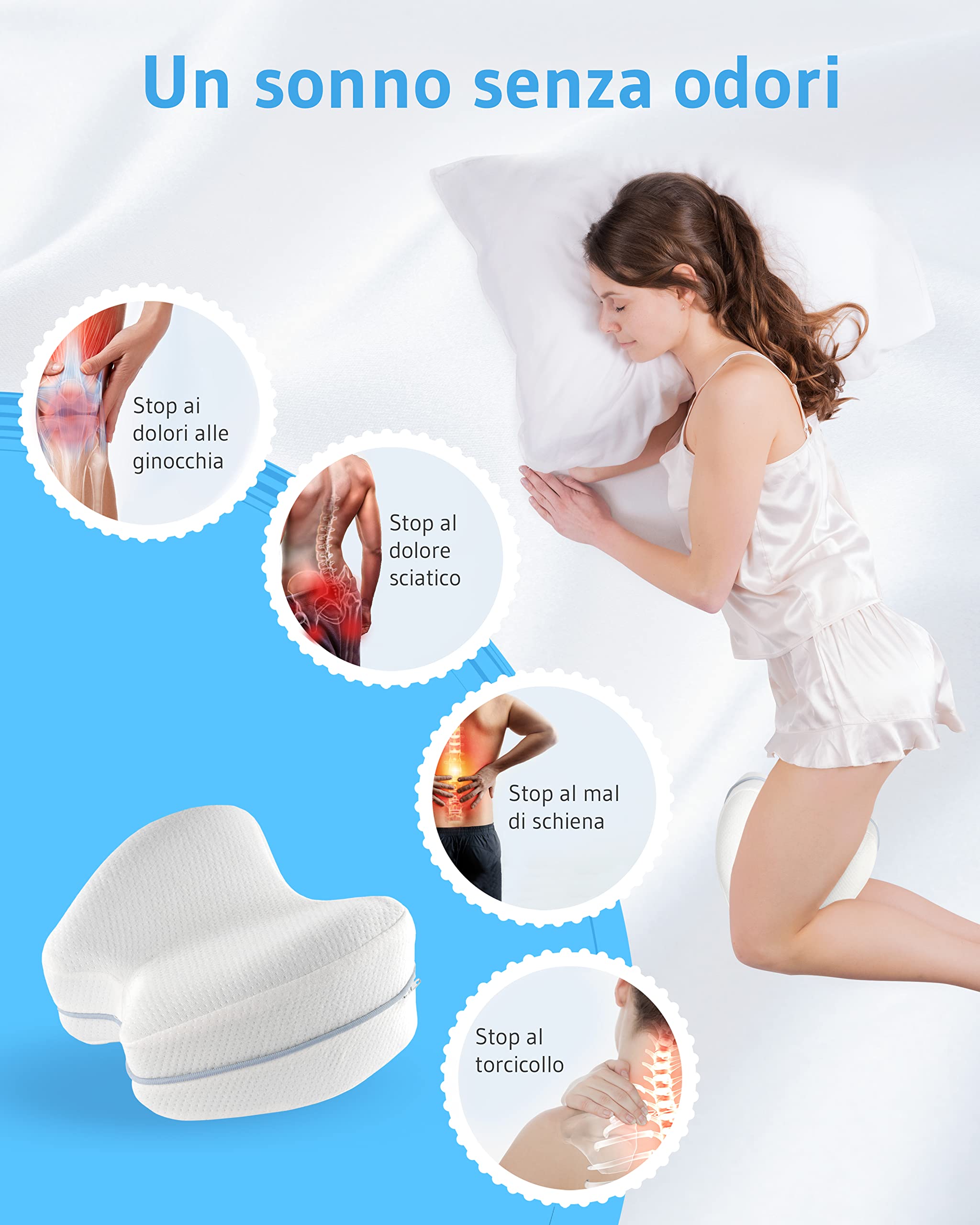 Cuscino Ortopedico Per Gambe E Ginocchia - Memory Foam Viscoelastico, Copertura Lavabile, 23.5x9.5cm