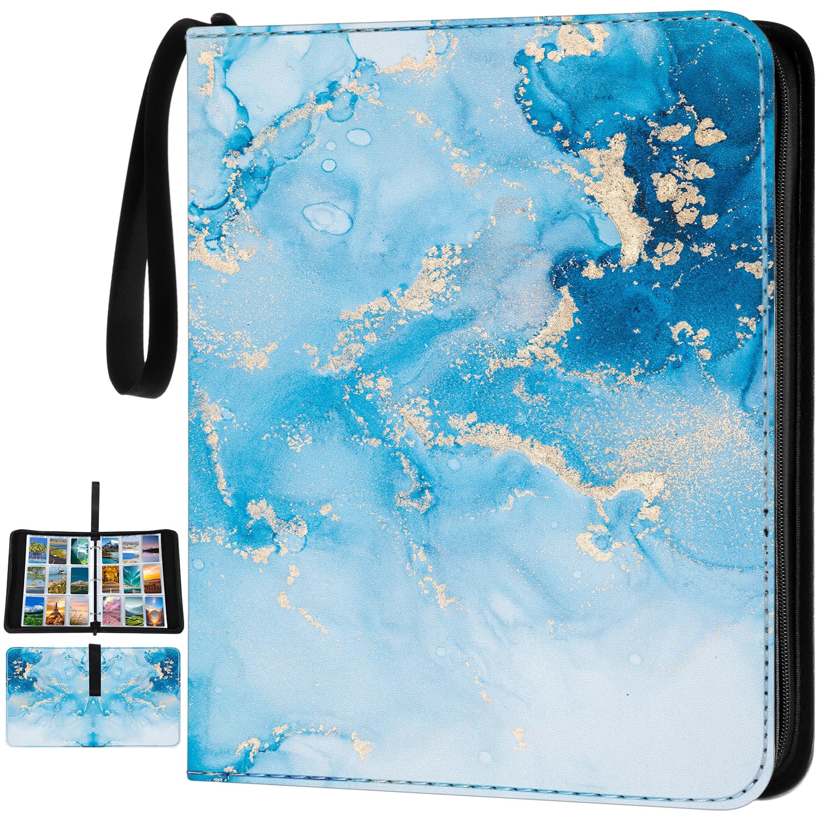 Classeur à cartes 4/9 poches en polyuréthane imperméable pour album portable 400/900 avec fermeture éclair, bracelet, organisateur de cartes, cadeaux (marbre bleu, 34 x 27 x 5 cm)