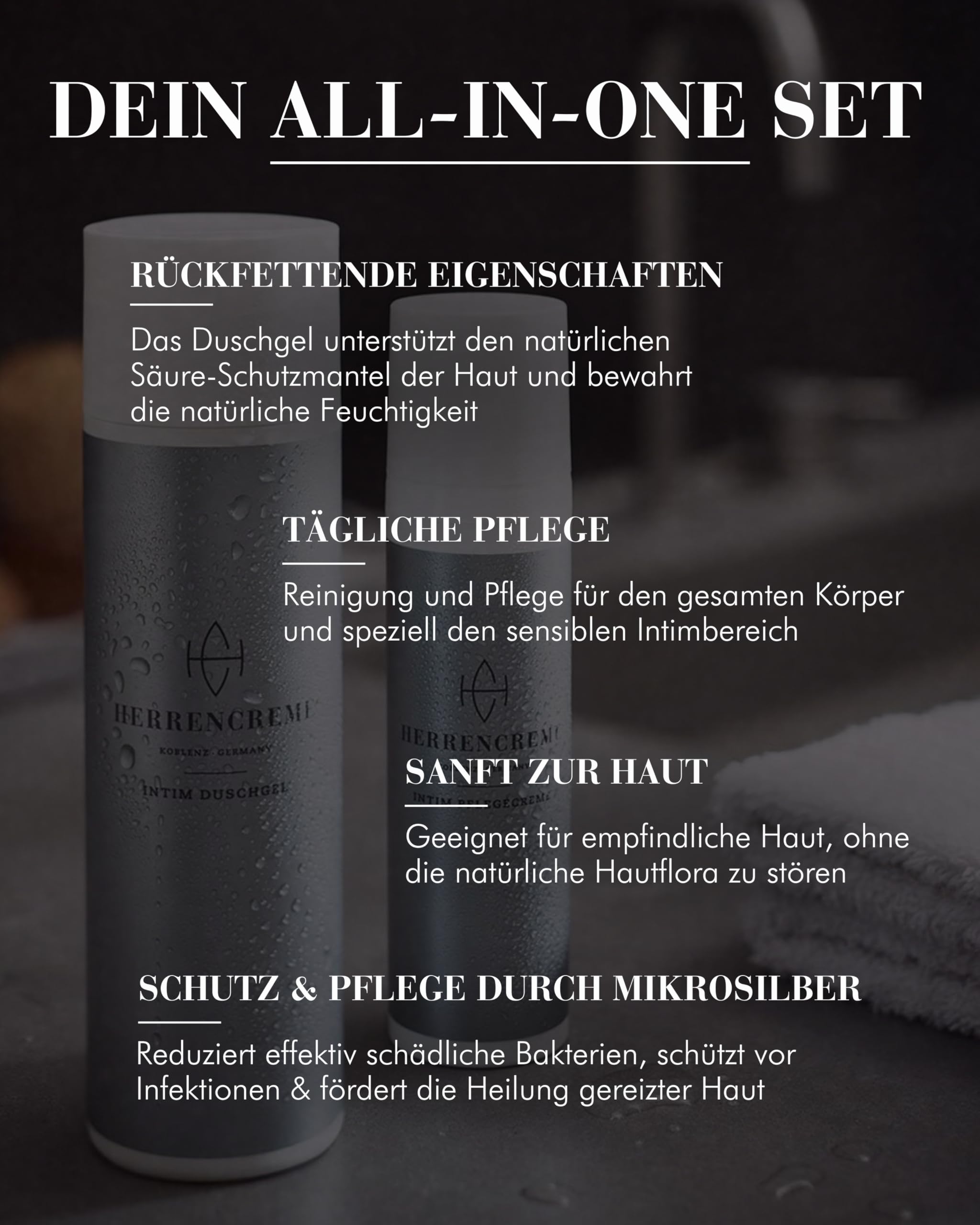 HERRENCREME Intim Pflege Geschenkset für Männer I Set mit Intim Duschgel 200 ml, Pflegecreme 75 ml & Kulturbeutel I Herren Intimpflege vom Urologen entwickelt I vegan & dermatologisch getestet