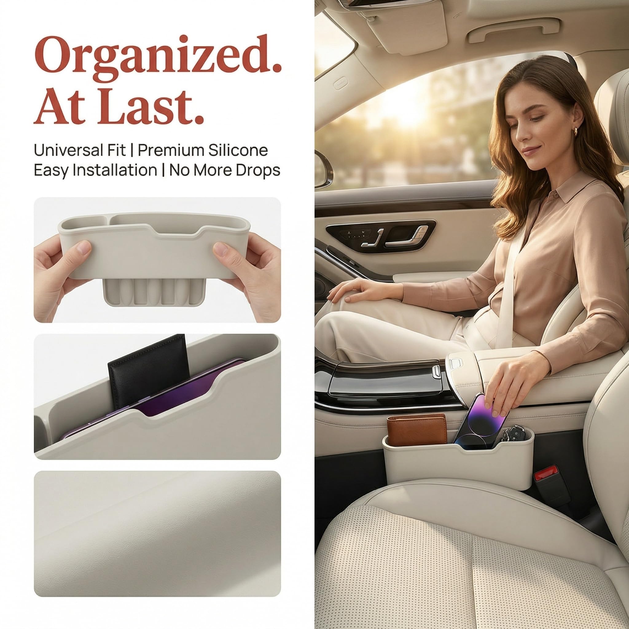Organizer per fessura del sedile auto in silicone, riempitivo per sedile auto per sedile e console centrale, vano portaoggetti per cellulare, carte, chiavi e piccoli oggetti (Nero, lato